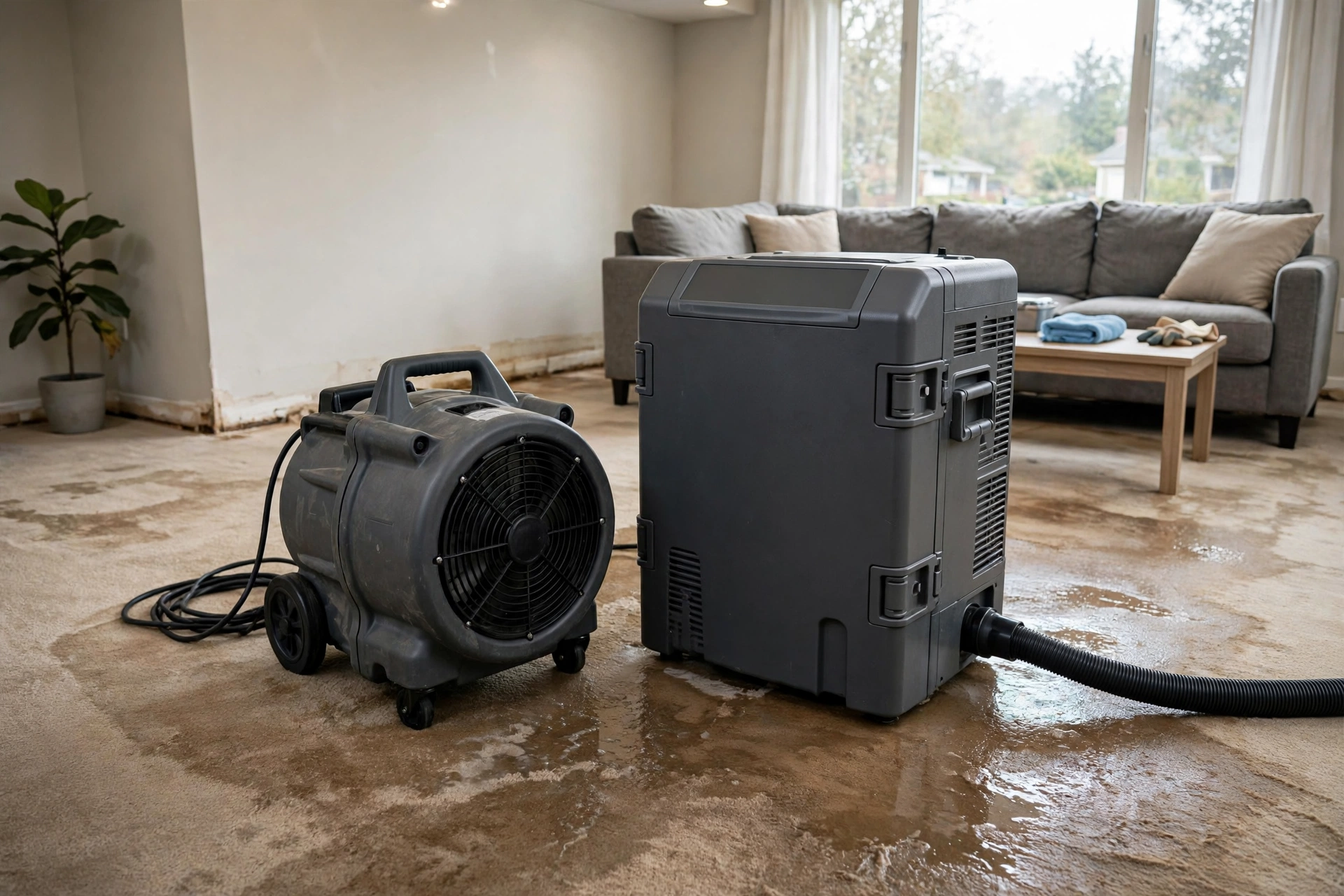 Air movers and a commercial dehumidifier positioned in a water damaged room during professional structural drying.