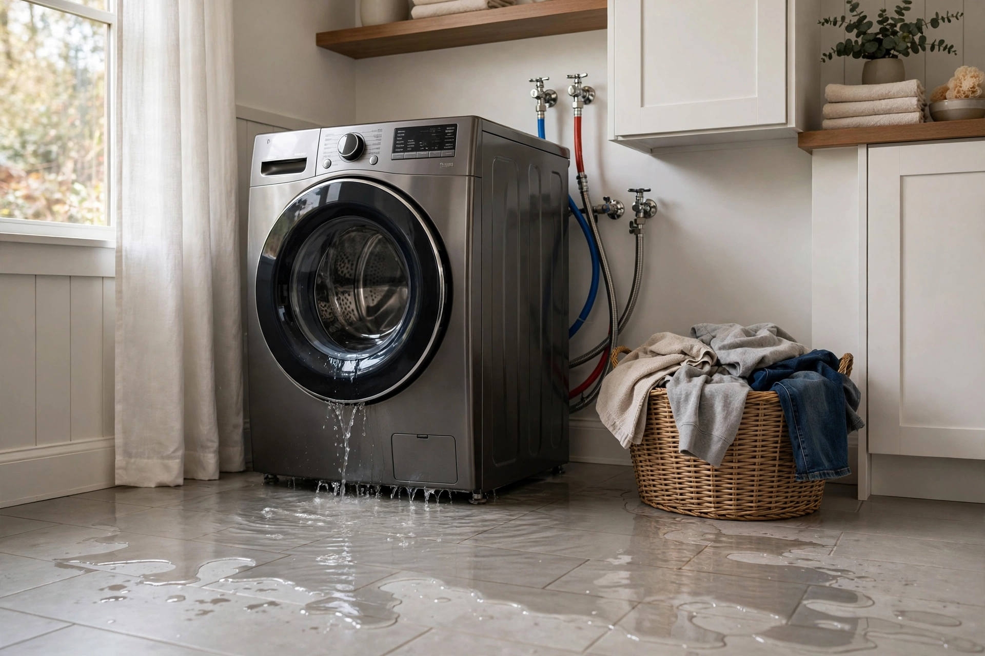 Water pooling on a kitchen floor beneath a dishwasher, showing typical appliance leak water damage.