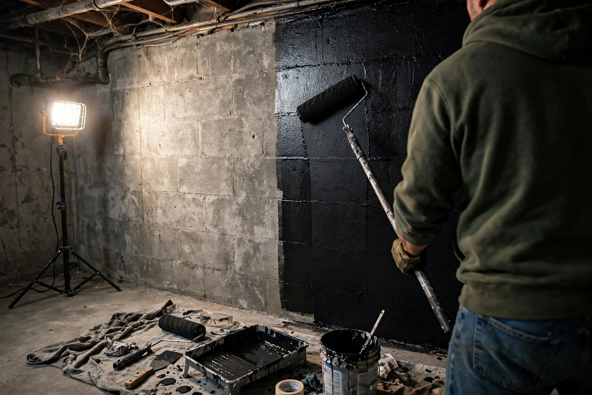 Contractor installing an interior basement waterproofing drainage system along a foundation wall.