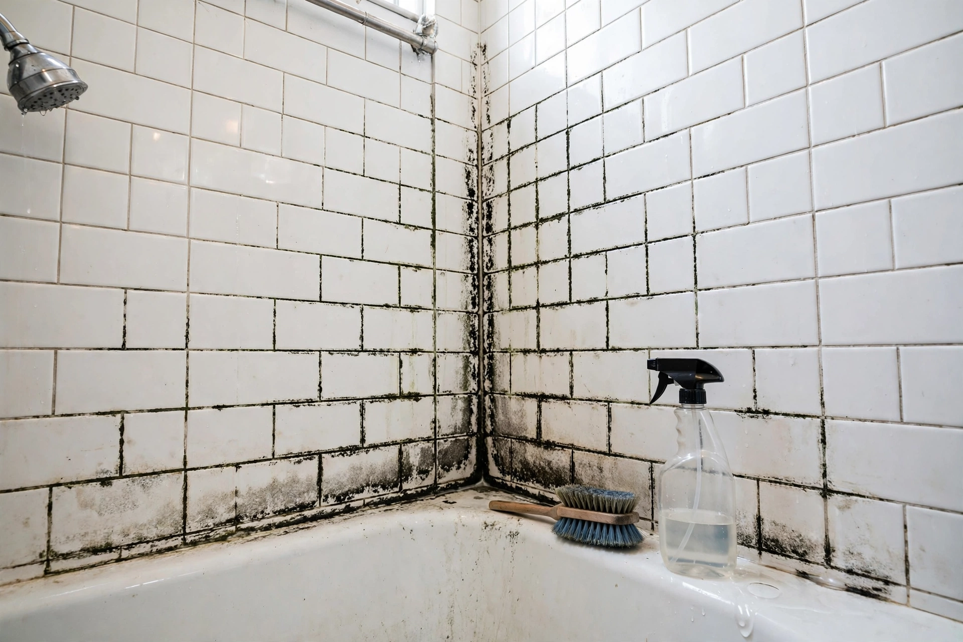 Close-up of mold growing on bathroom tile grout near a shower, showing dark spots that need bathroom mold removal.