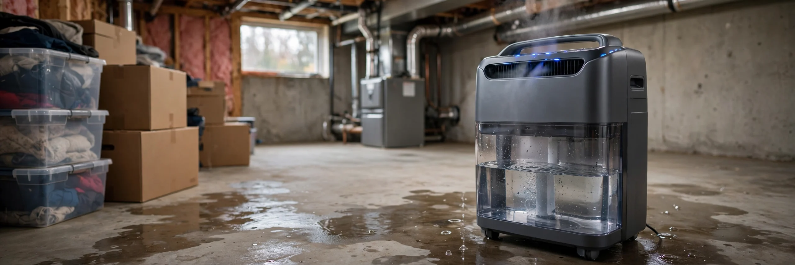 A high-capacity dehumidifier with drain hose running in a basement to control moisture and prevent mold.