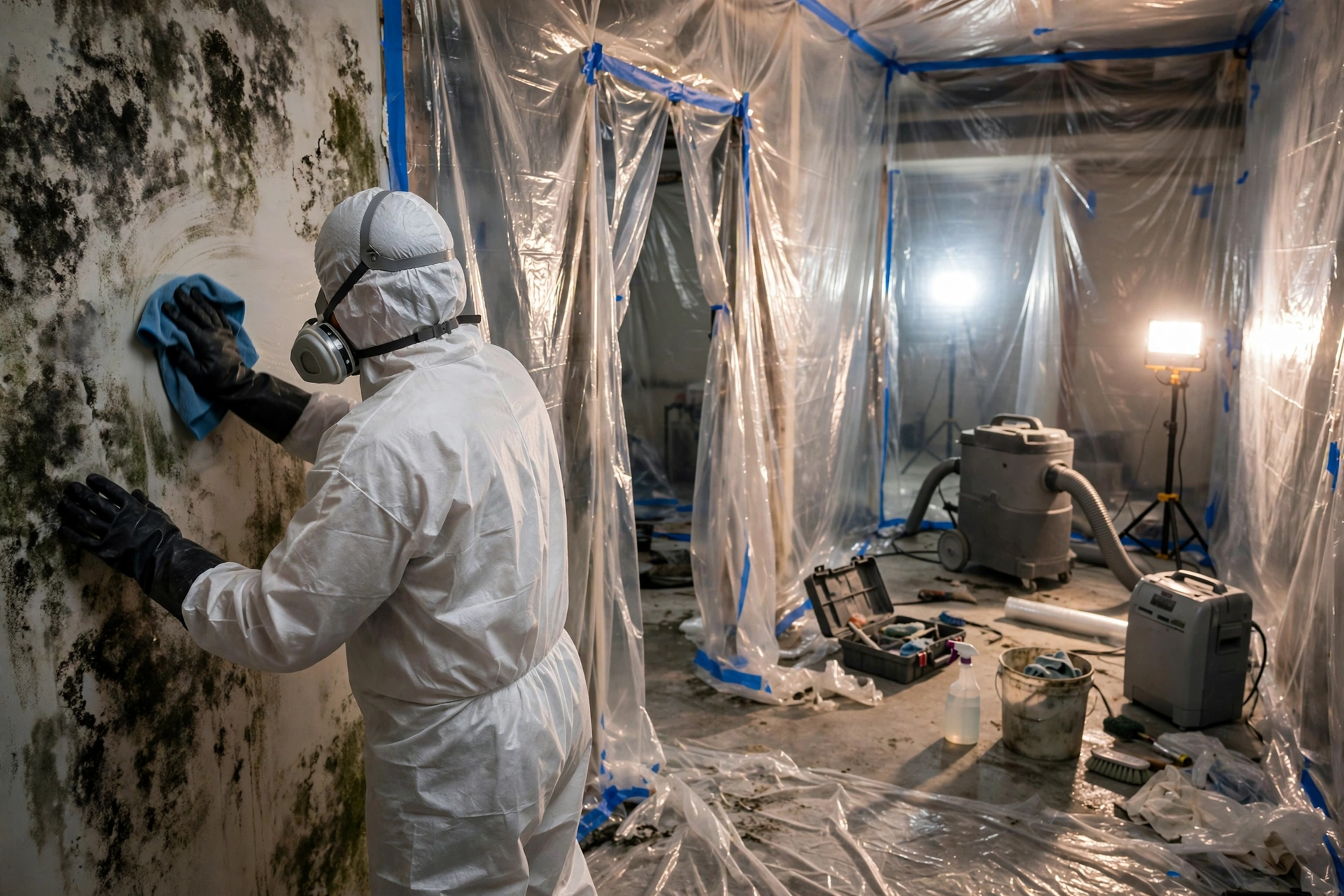 Cleaning products lined up against a wall with mold stains, showing the best mold killers for walls that professionals use.