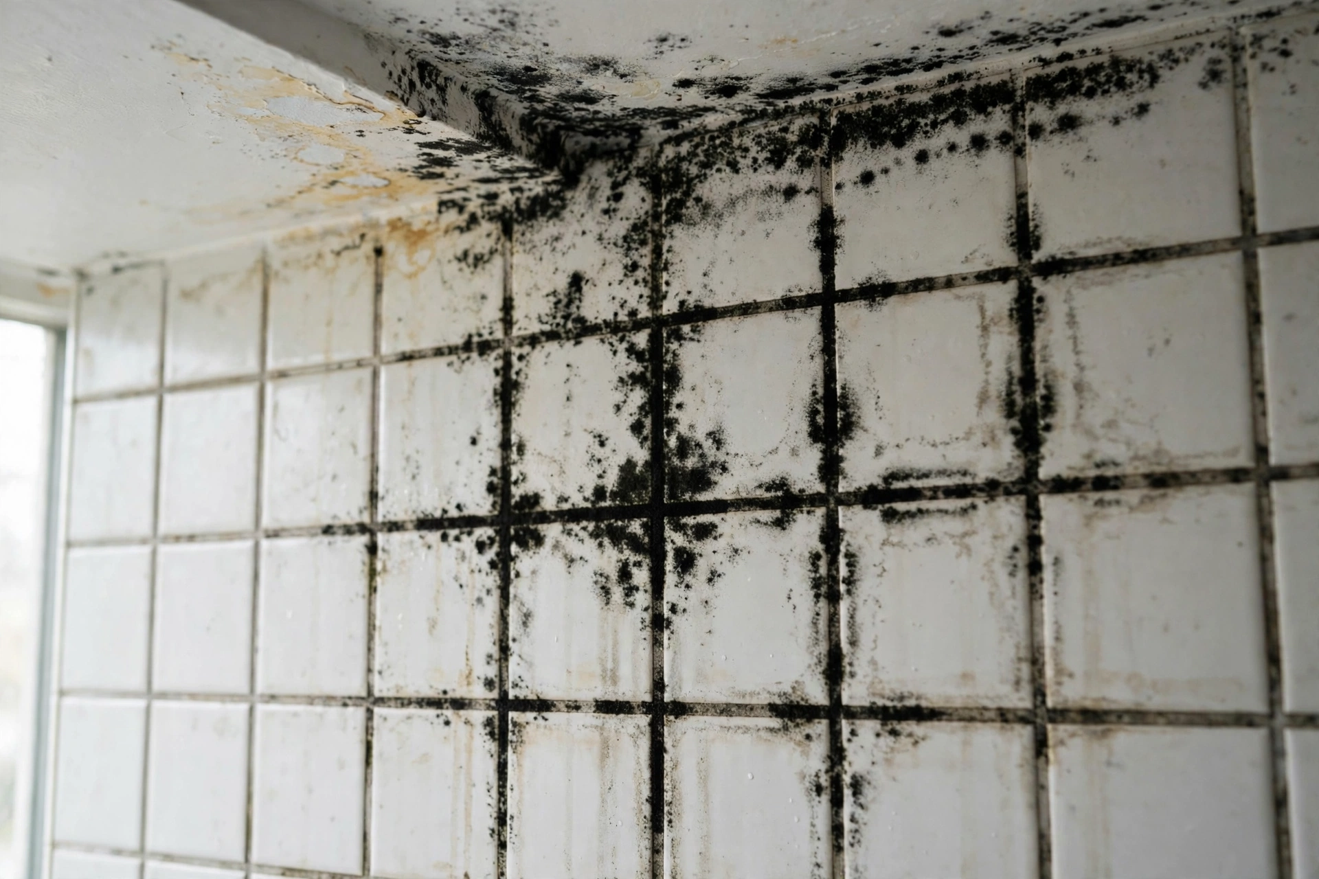 Close-up of dark mold growth on a damp wall corner, illustrating black mold health effects discussed in the article.