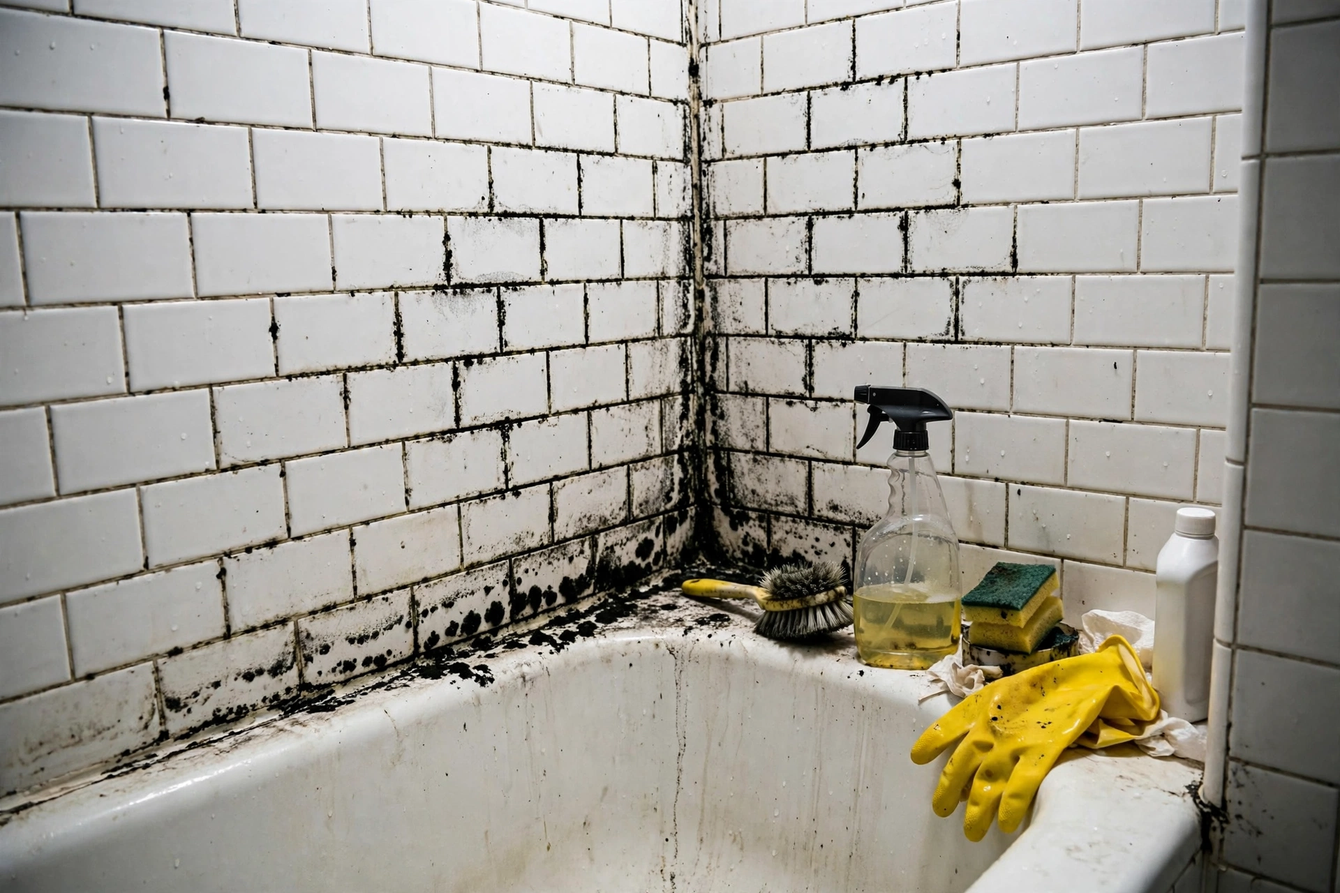 Professional in protective gear inspecting black mold growth on a bathroom wall during a remediation estimate.