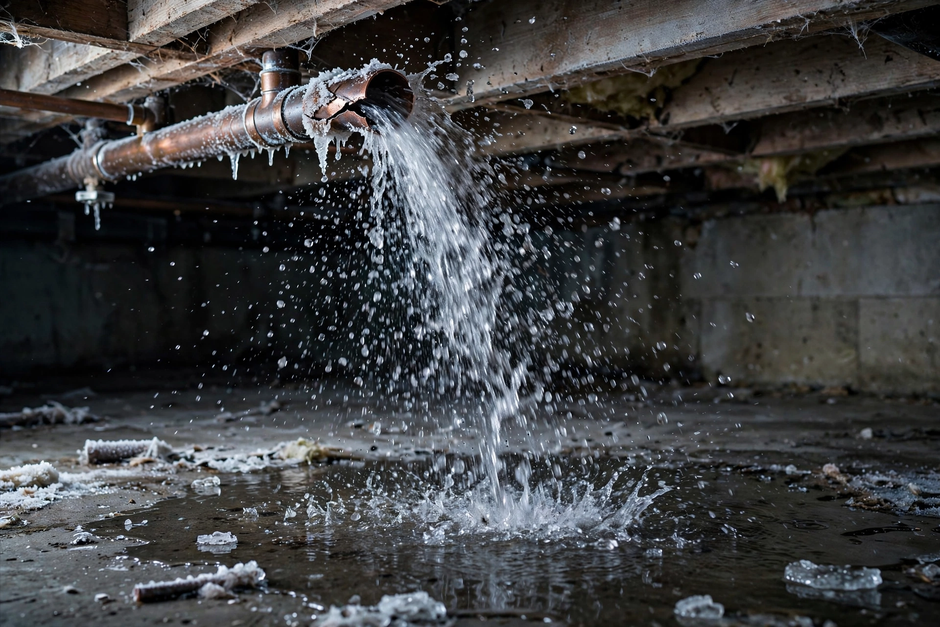 Water spraying from a burst copper pipe in a basement ceiling, showing burst pipe water damage in progress.