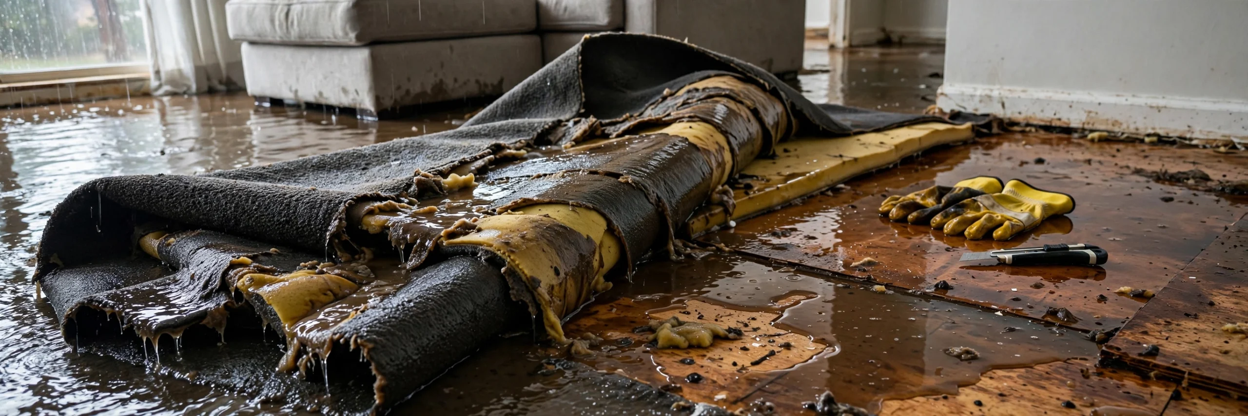 Soaked wall-to-wall carpet in a flooded living room with standing water being extracted.