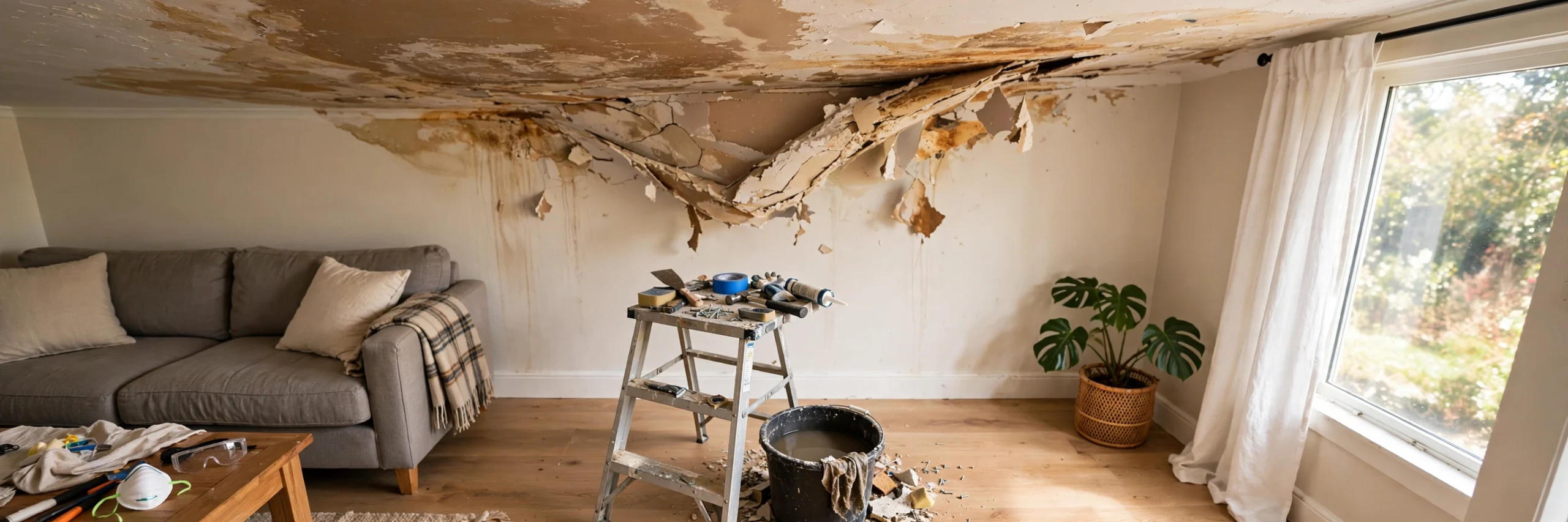 Living room ceiling with a large brown water stain, peeling paint, and bubbling drywall from a leak above.