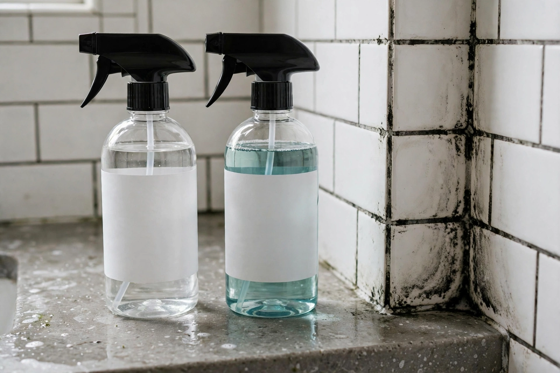 A bottle of household bleach and a bottle of Concrobium Mold Control spray side by side next to a mold-stained section of wall.