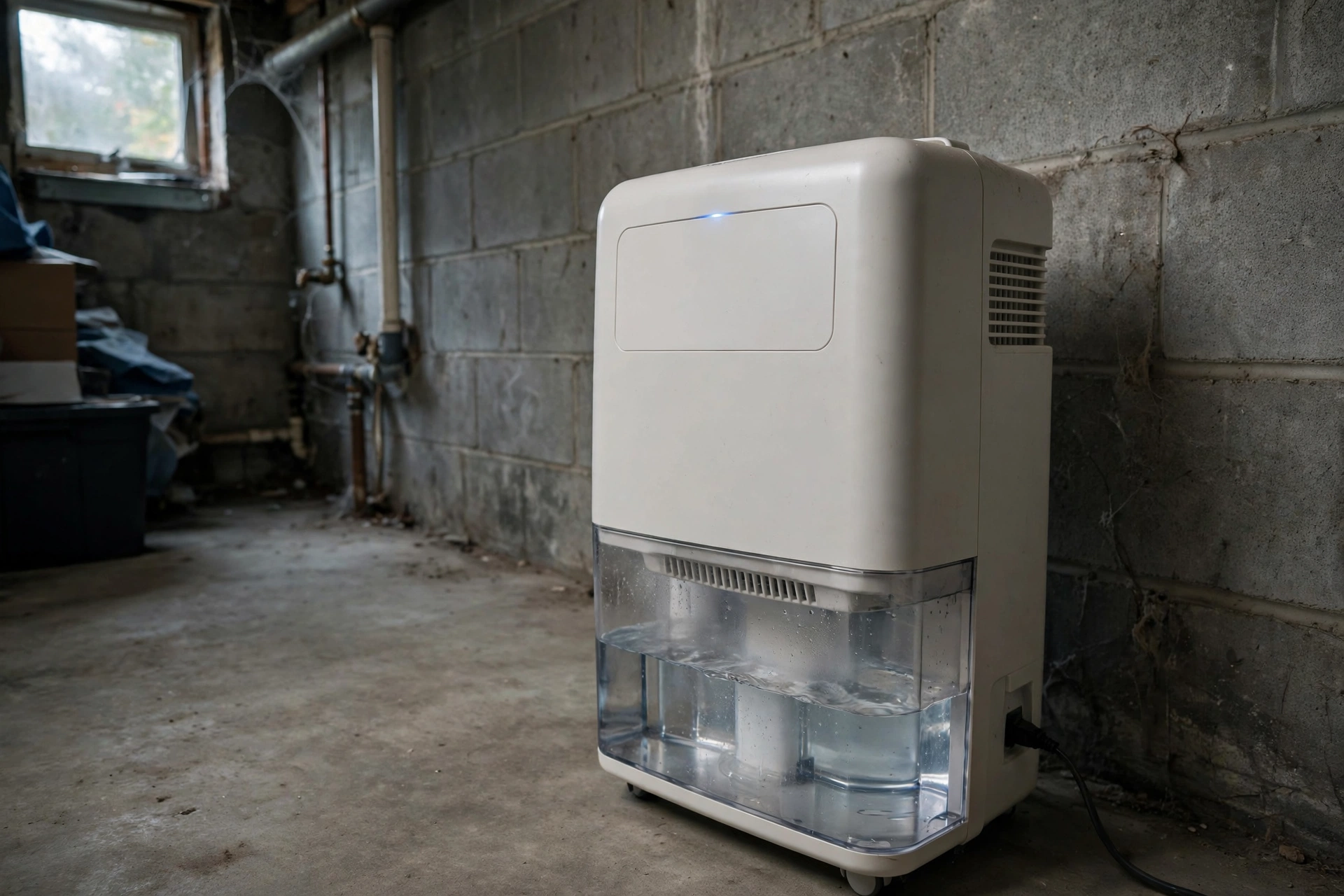 A portable dehumidifier running next to an air mover in a basement room drying out after water damage.