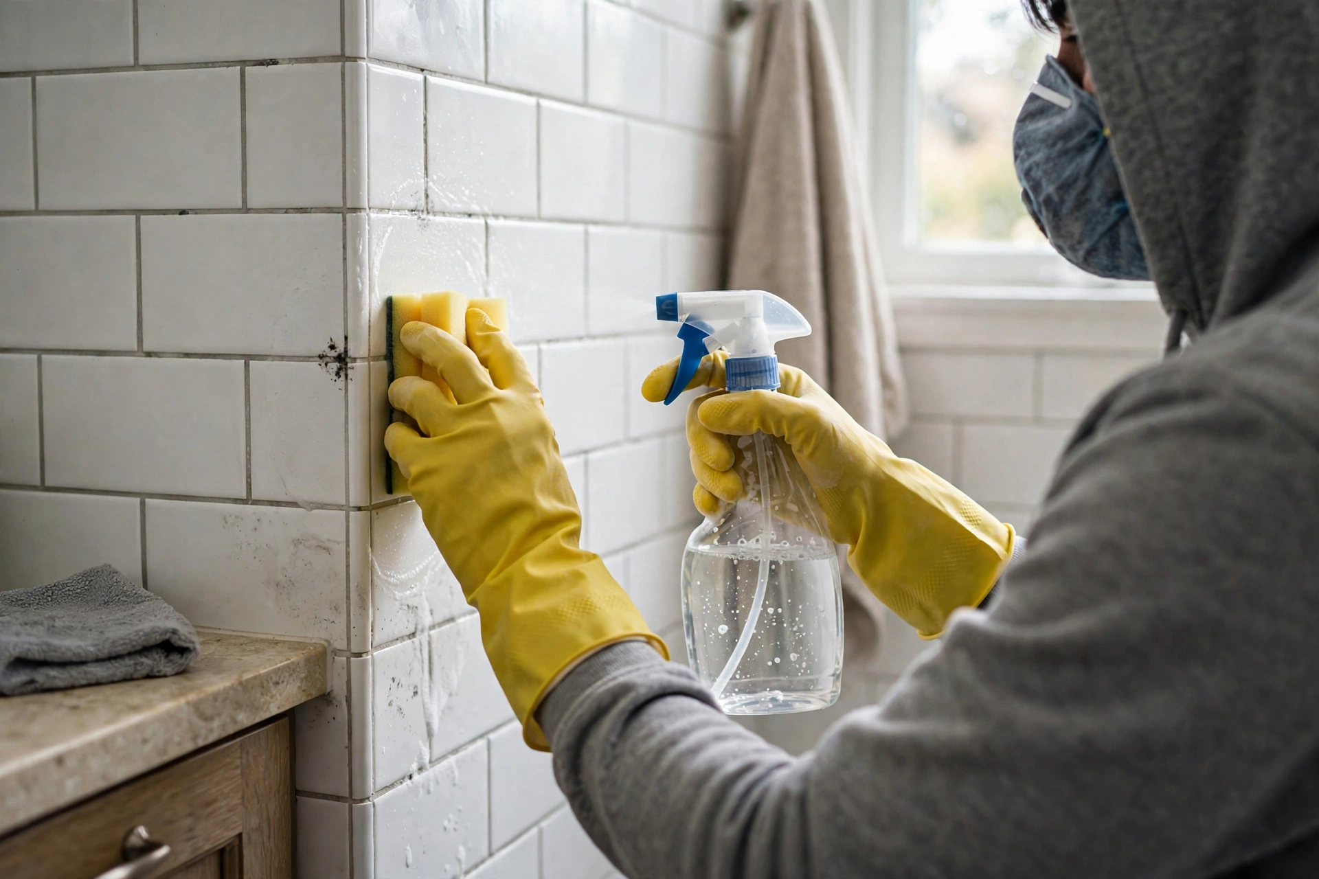 A homeowner wearing gloves, goggles, and an N95 respirator scrubbing surface mold off a bathroom wall during DIY cleanup.