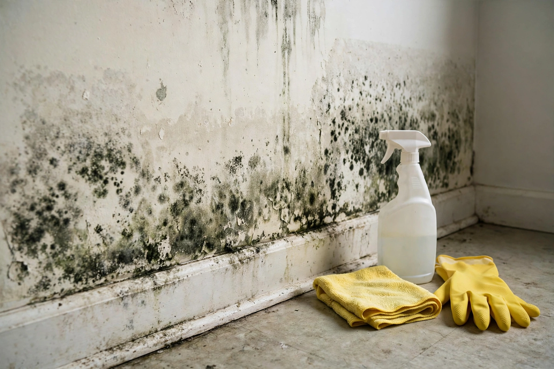 A homeowner scrubbing a mold-stained drywall section, illustrating the question of whether bleach kills mold on drywall.