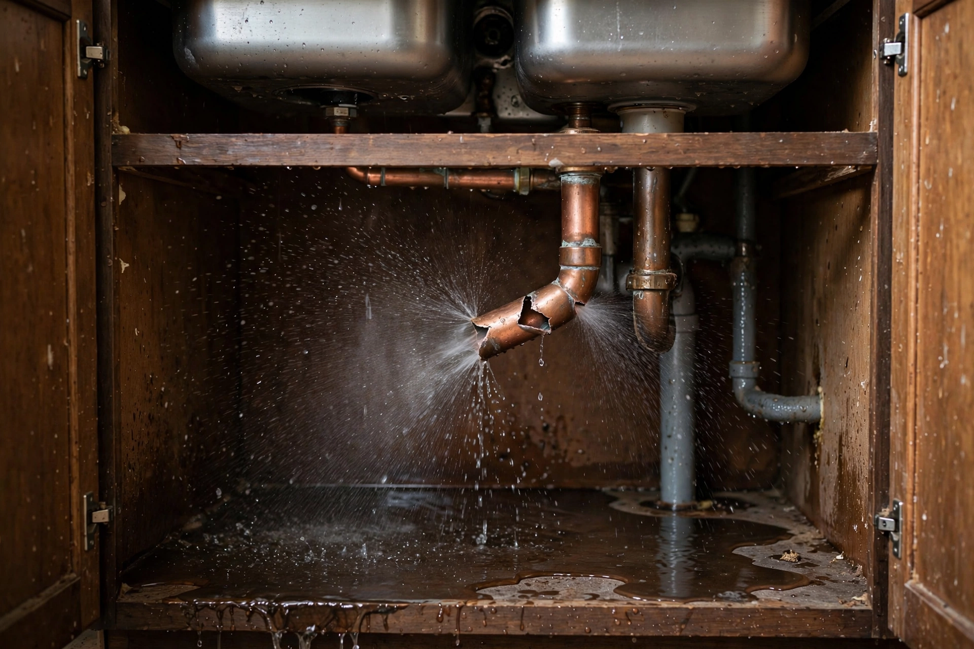 Burst copper pipe spraying water inside a home wall cavity during winter, illustrating burst pipe insurance coverage.