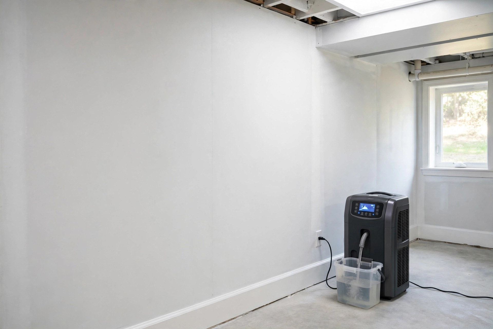 A technician in protective gear HEPA vacuuming cleaned framing during a mold remediation job in a home.