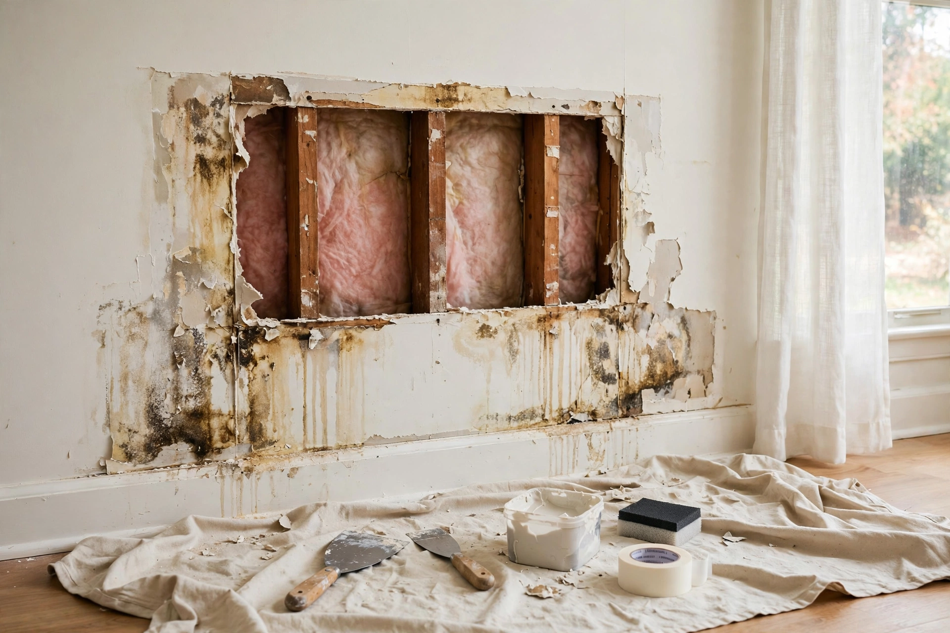 Contractor cutting out water-stained drywall from a living room wall to expose the framing behind it.