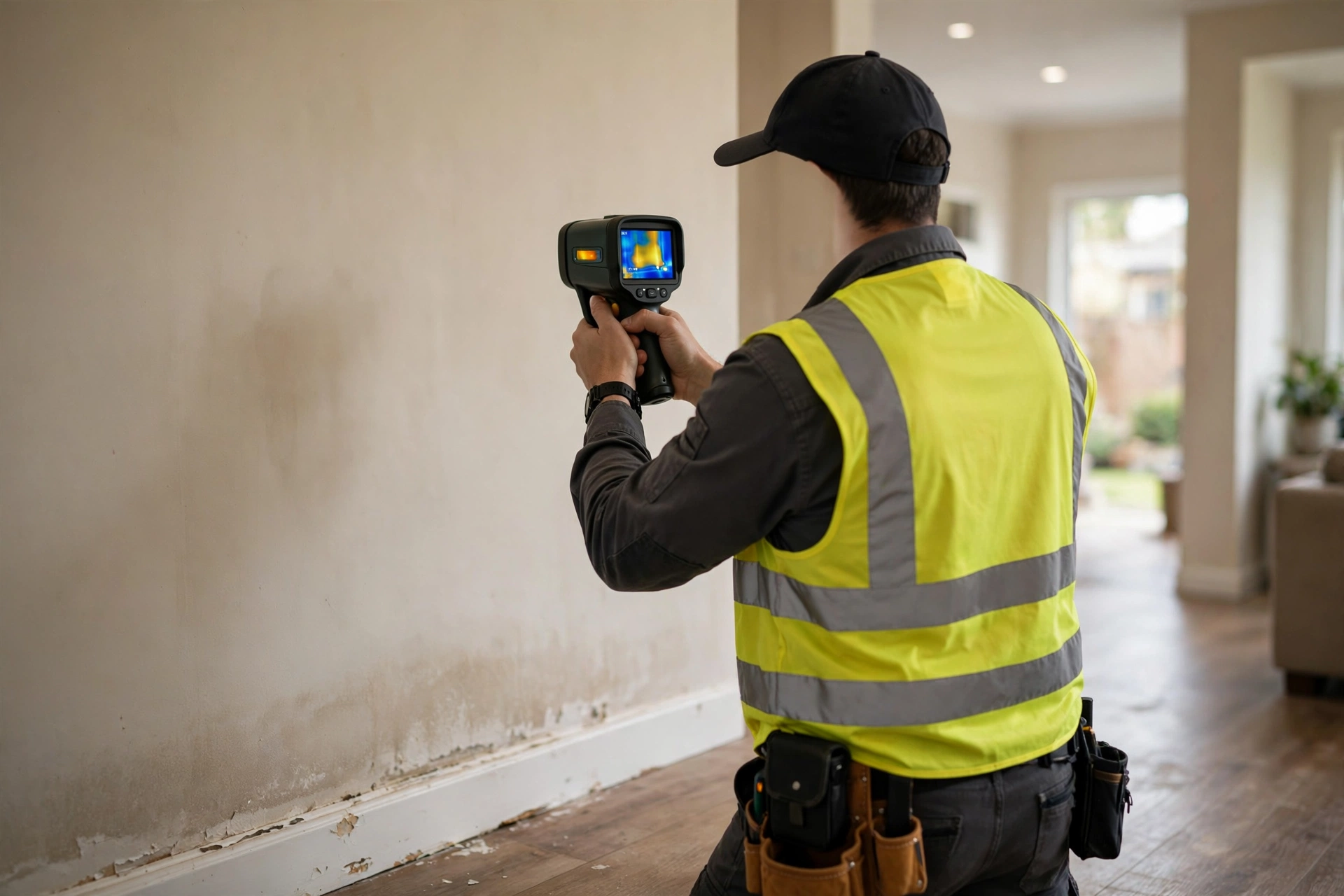 A homeowner using a moisture meter against a drywall panel showing water stain damage from a hidden leak.