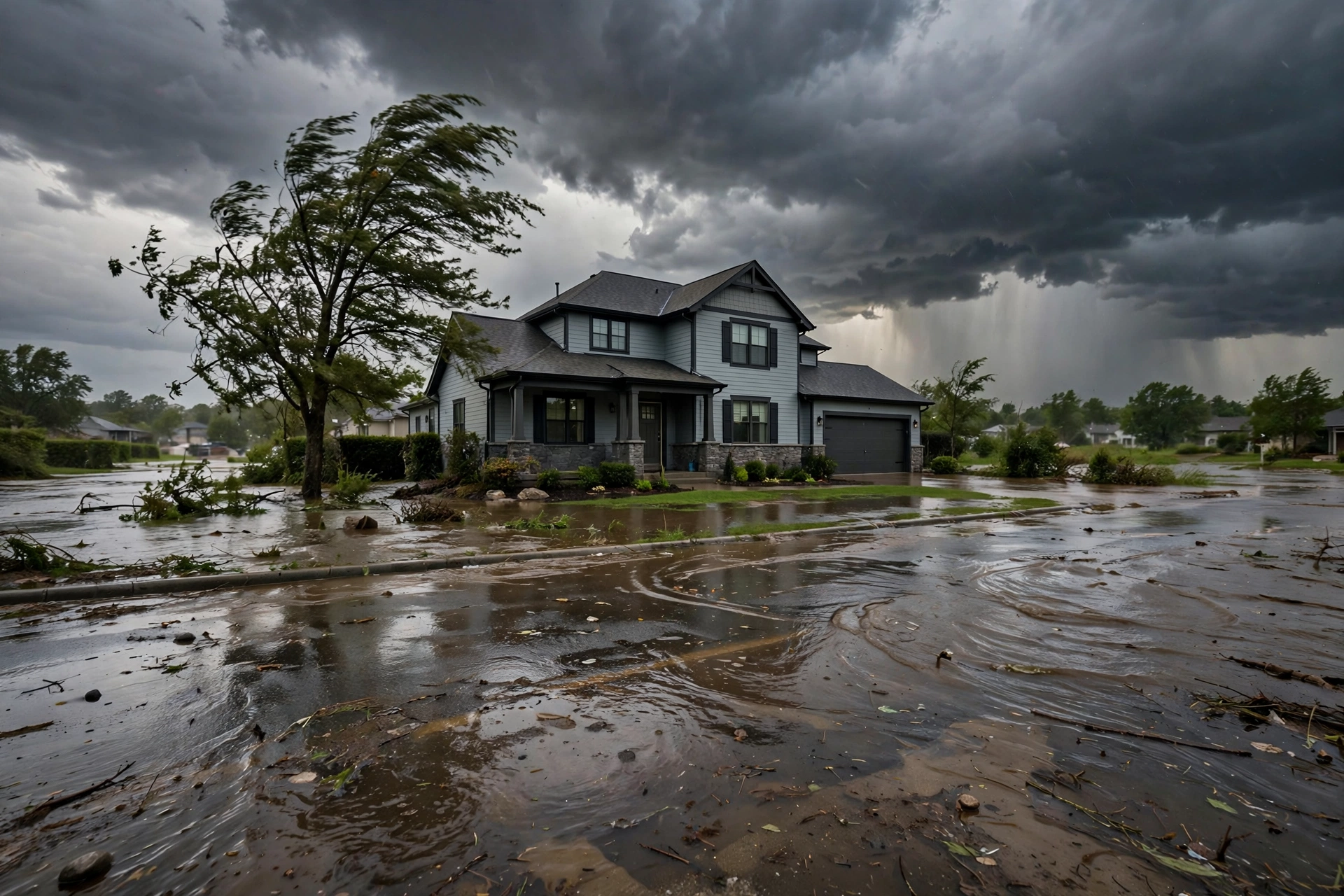 Split view of a flooded street and a home interior with water damage, illustrating flood insurance vs homeowners insurance coverage.
