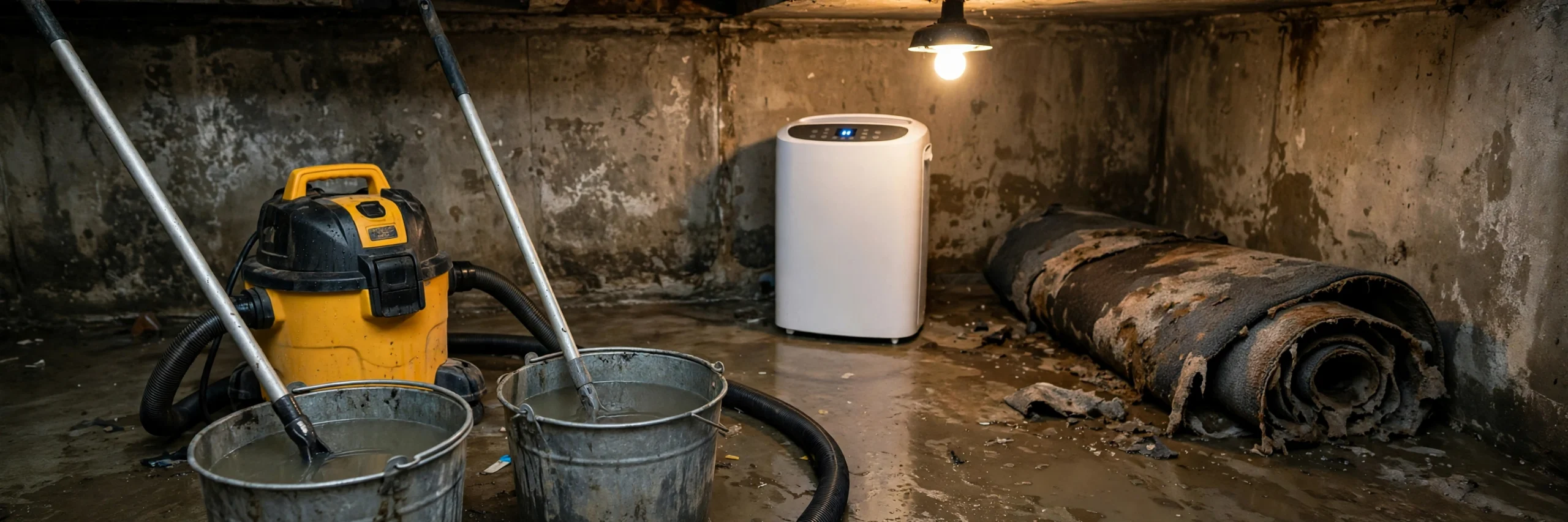 Flooded residential basement with standing water, a submersible pump, and professional drying equipment during cleanup.