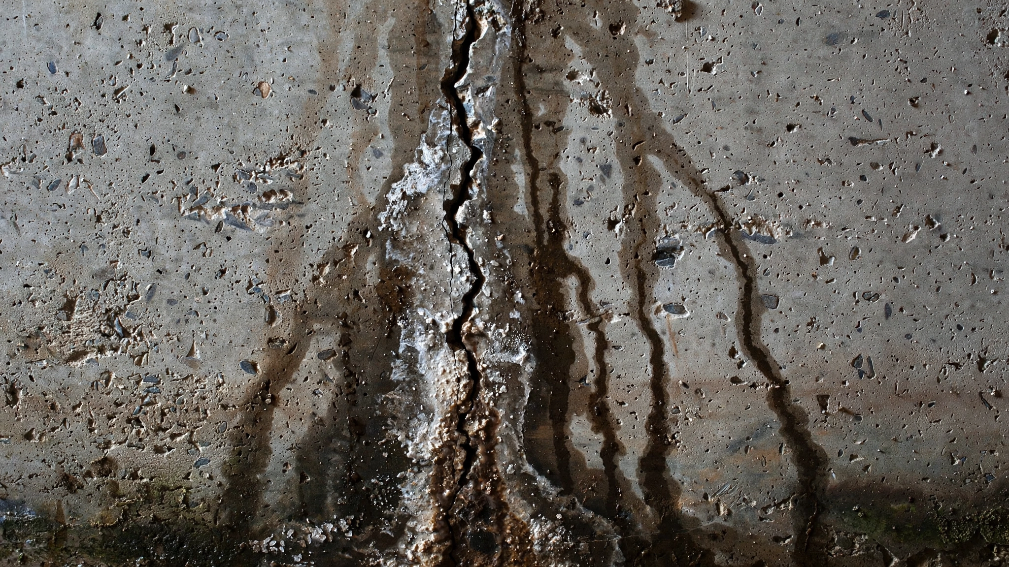 A close-up of a vertical foundation crack with water seepage marks on a basement concrete wall.