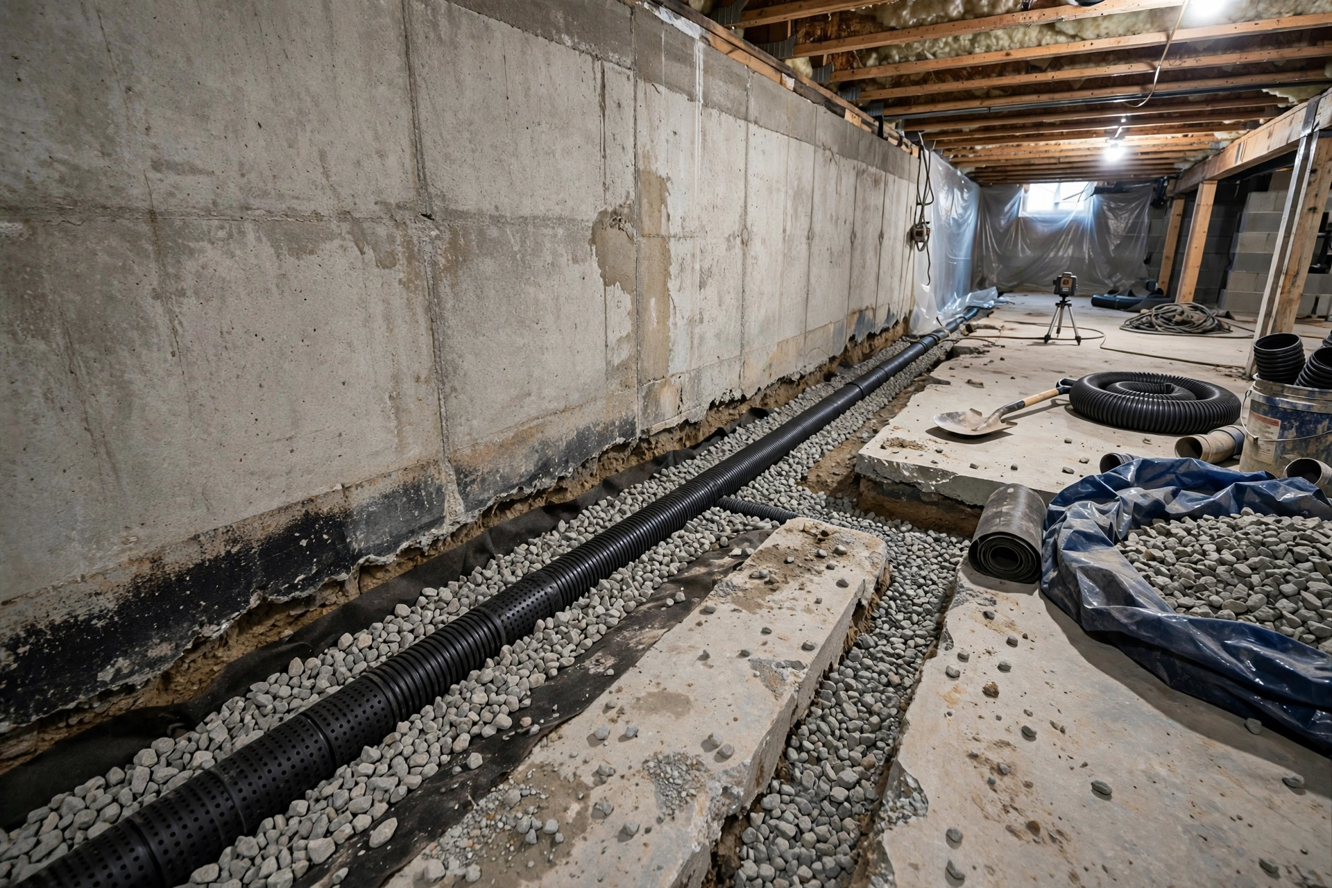 Contractor installing an interior French drain system along a basement foundation wall with perforated pipe and gravel.