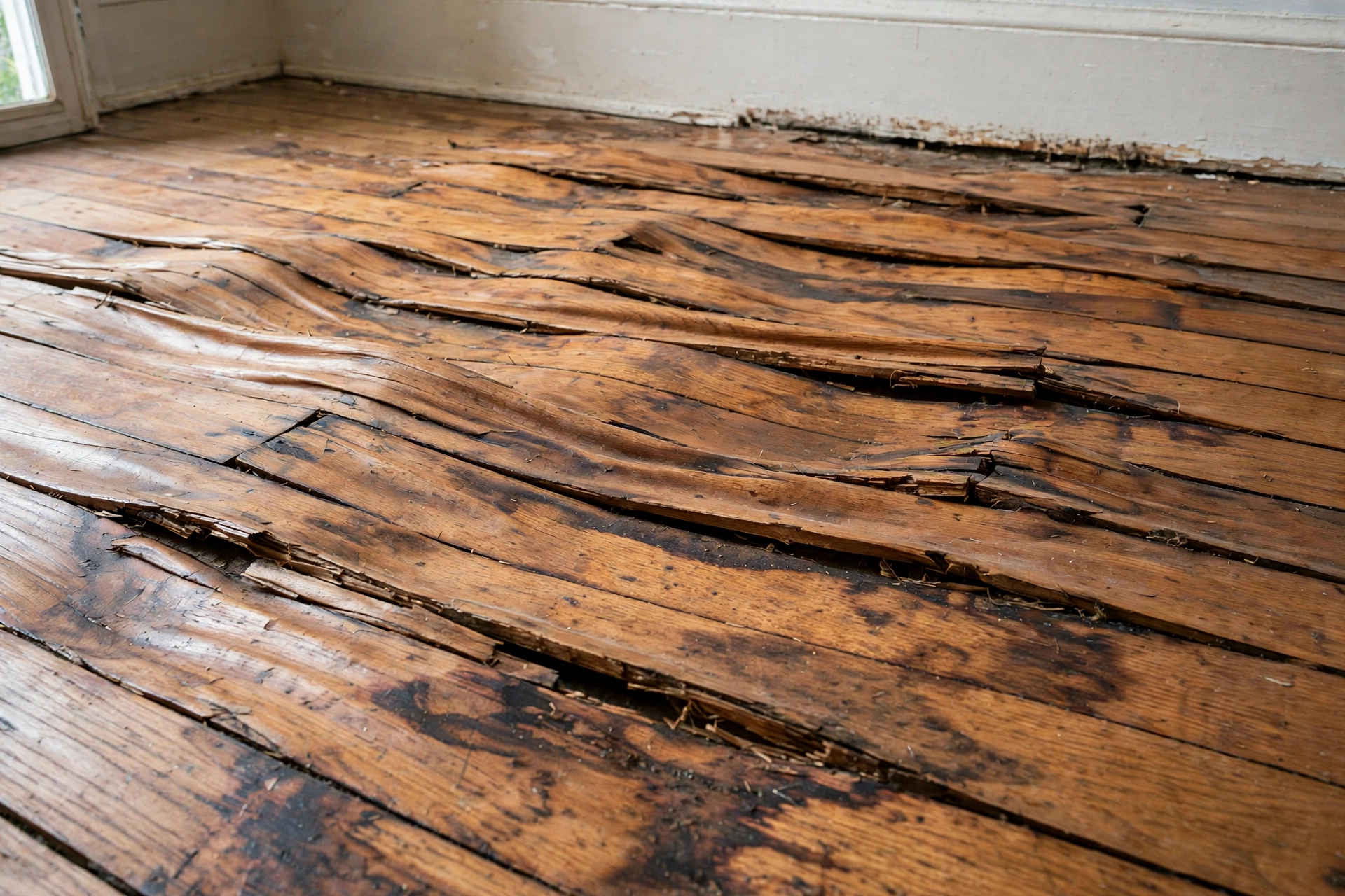 Cupped hardwood floor planks with raised edges showing water damage in a home.