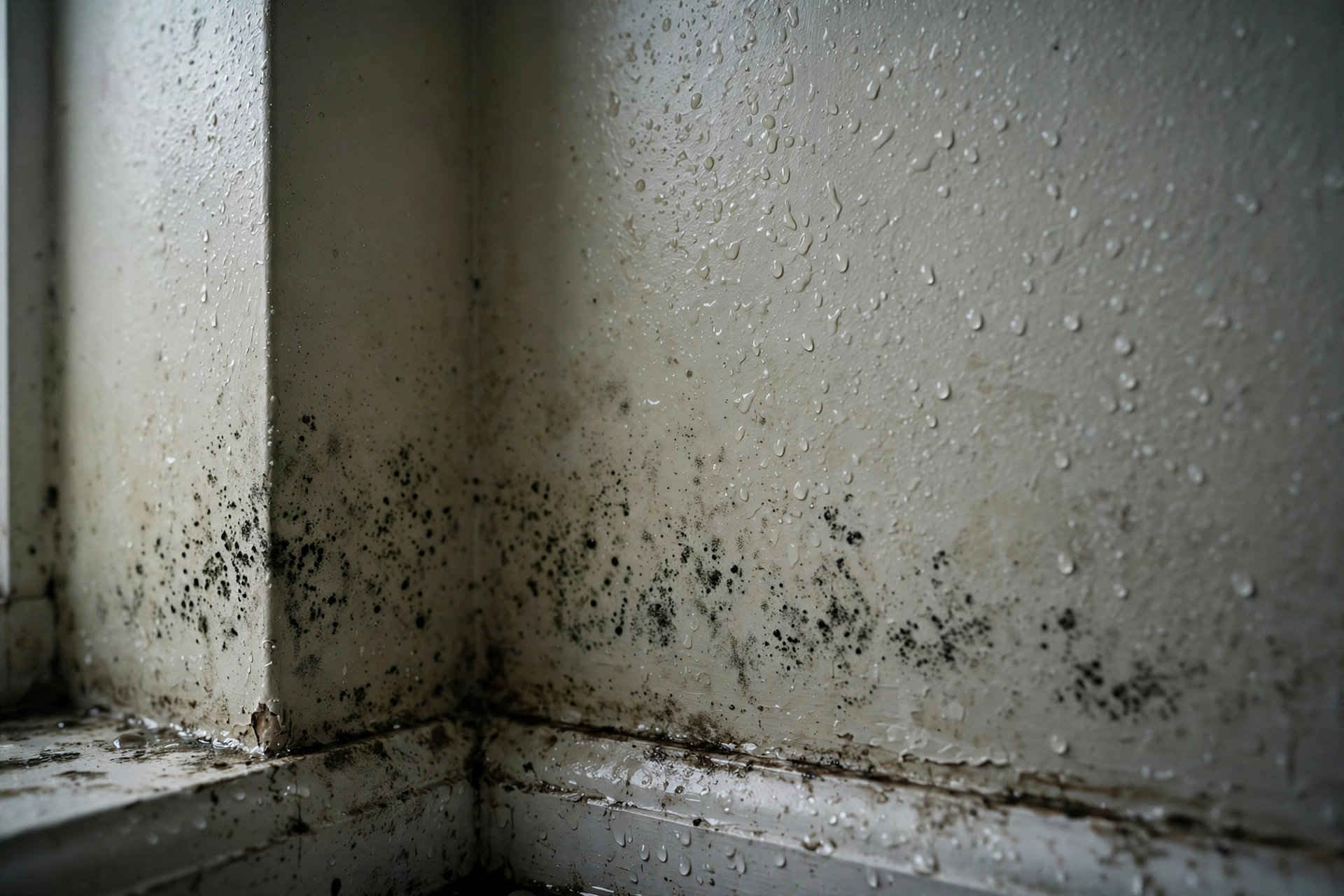 Close-up of early mold growth spreading on a damp interior wall after water damage.