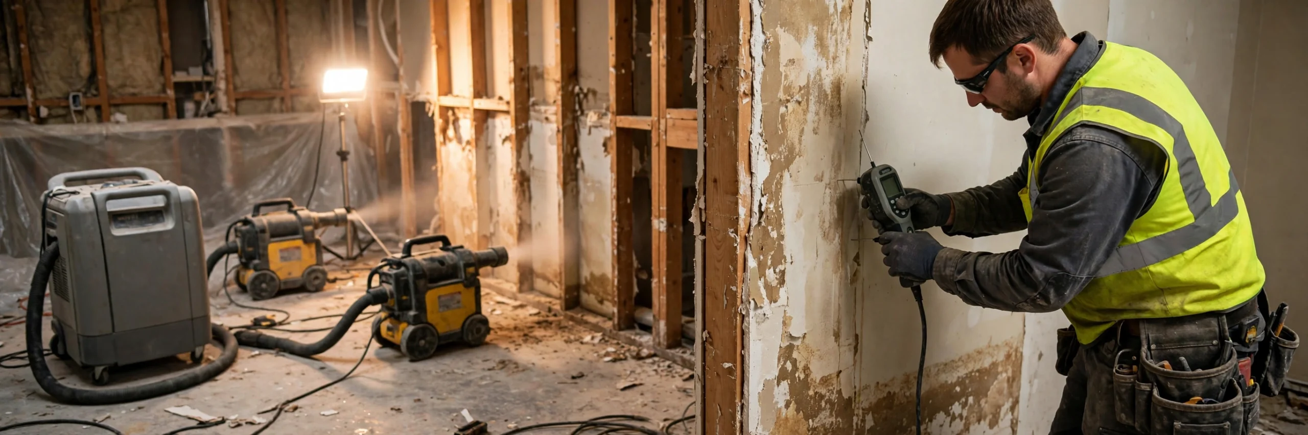 Industrial air movers and dehumidifiers drying a water-damaged room, showing how long water damage restoration takes.