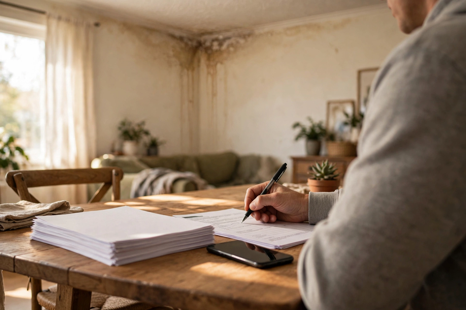 Homeowner reviewing a water damage insurance claim with deadline paperwork on a kitchen table.