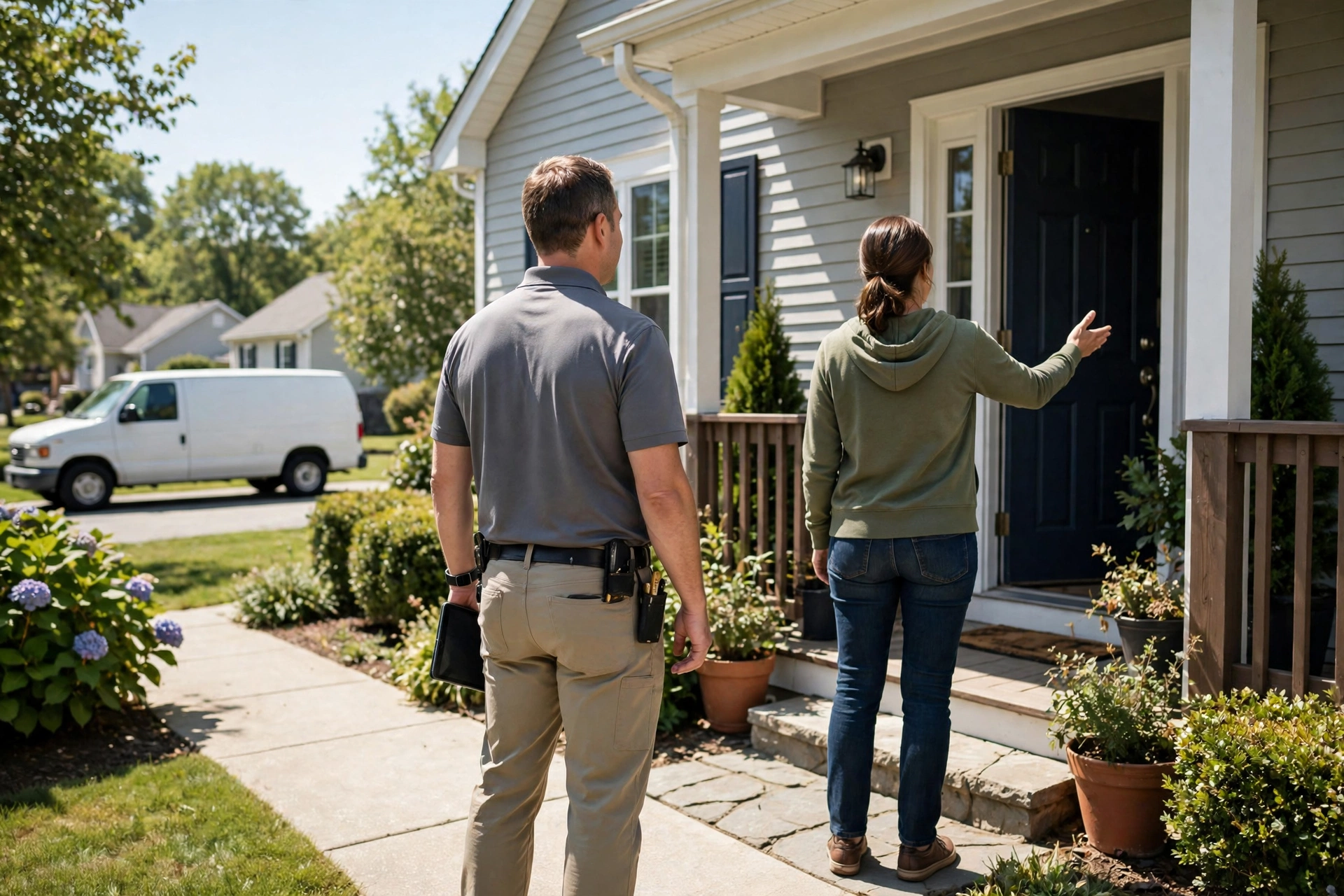 Homeowner discussing water damage repair with a restoration specialist at the front door