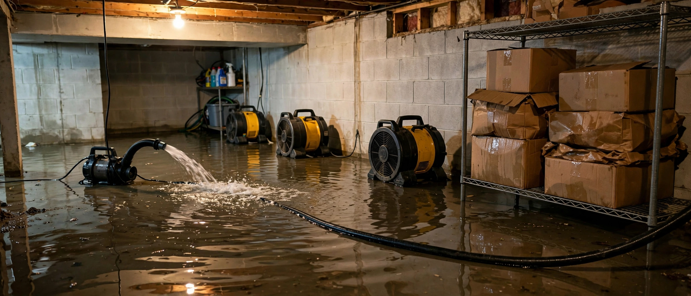 Homeowner using a wet vacuum to remove standing water from a flooded basement floor.