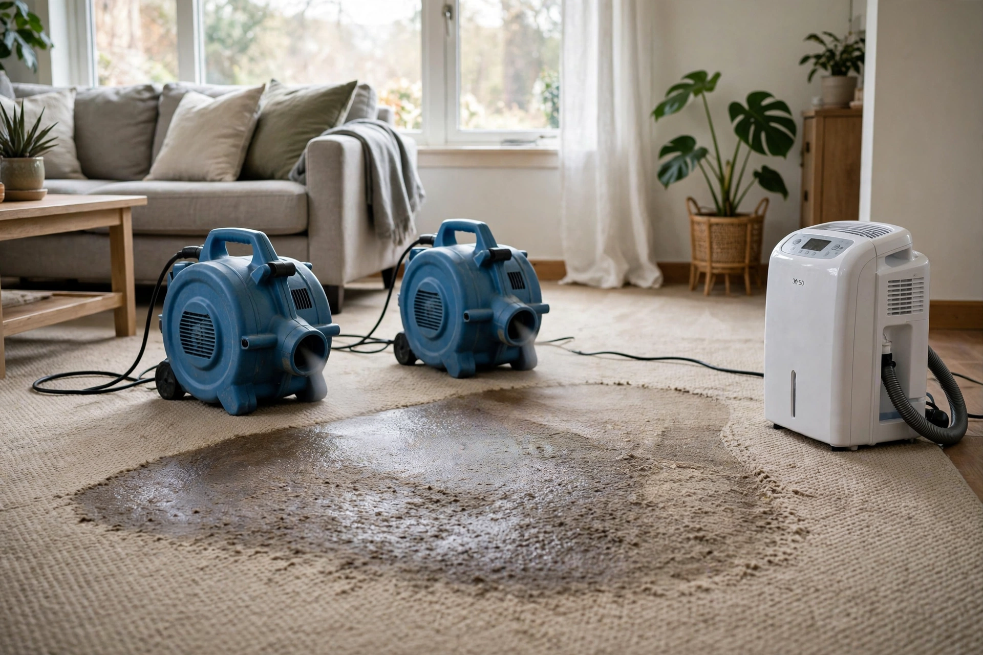 Air movers and a dehumidifier drying wet carpet in a living room after a water leak.
