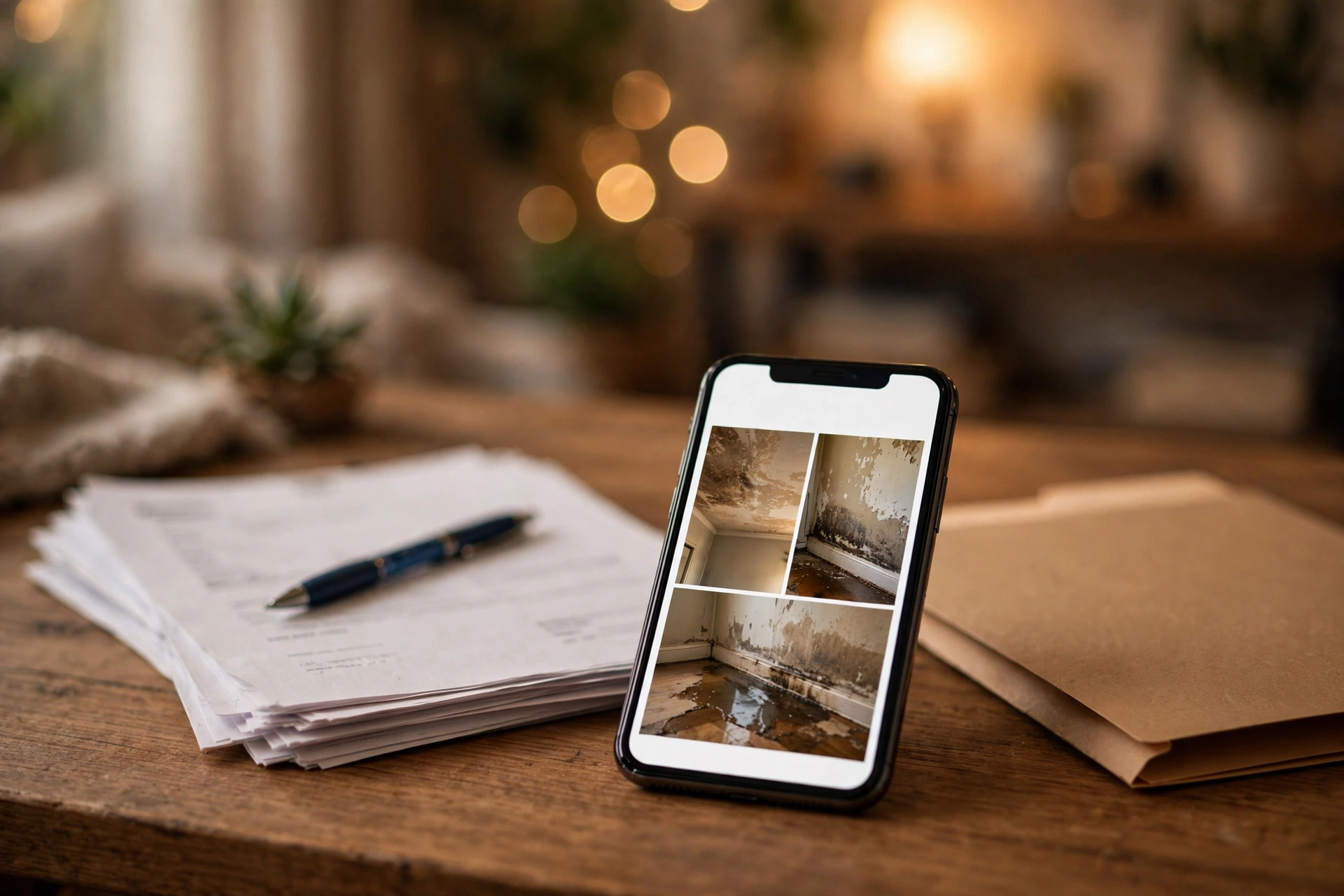A homeowner photographing water damage in a flooded room with a phone, the first step in filing a water damage insurance claim.