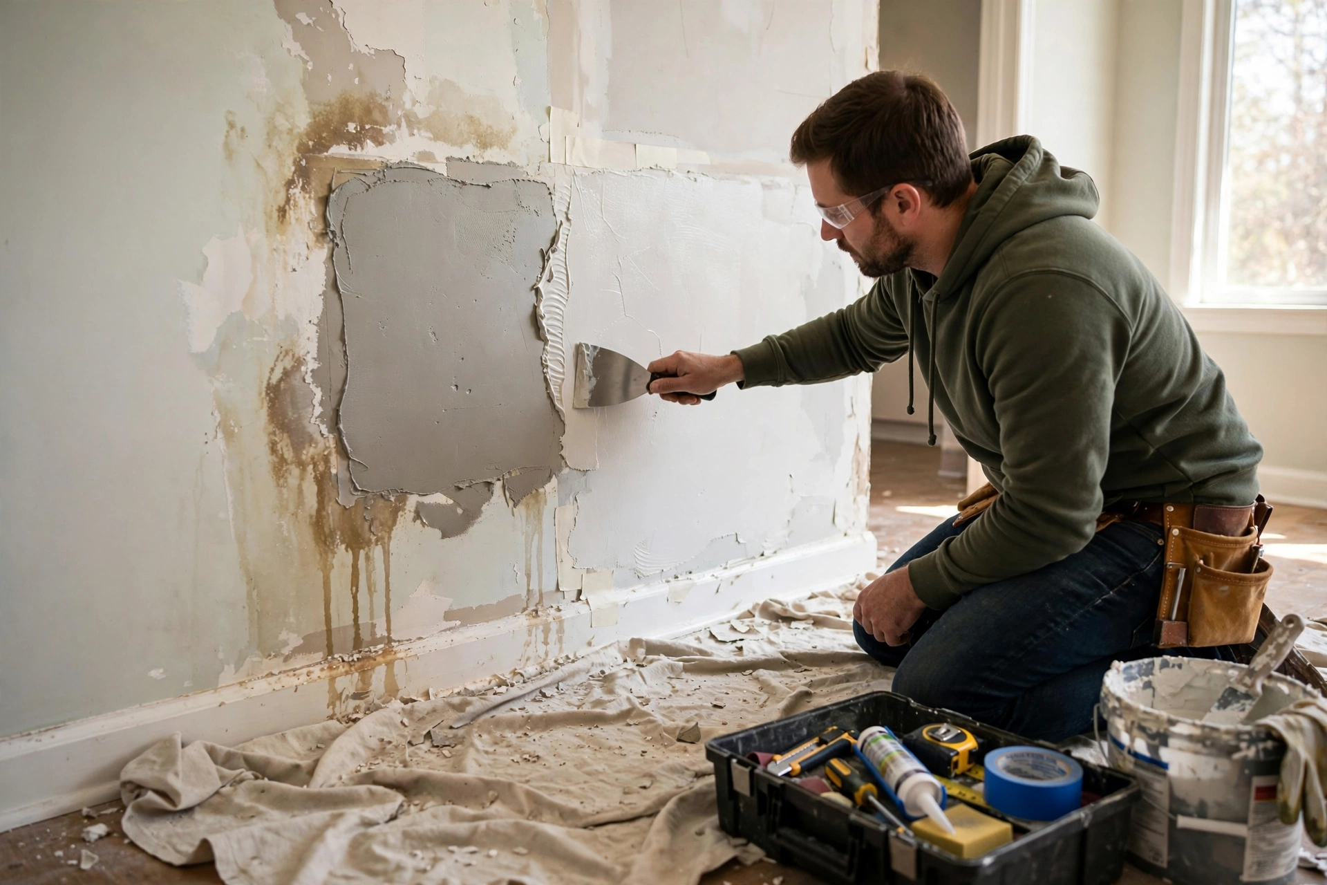 Contractor patching and sanding a water-damaged drywall section in a living room wall.