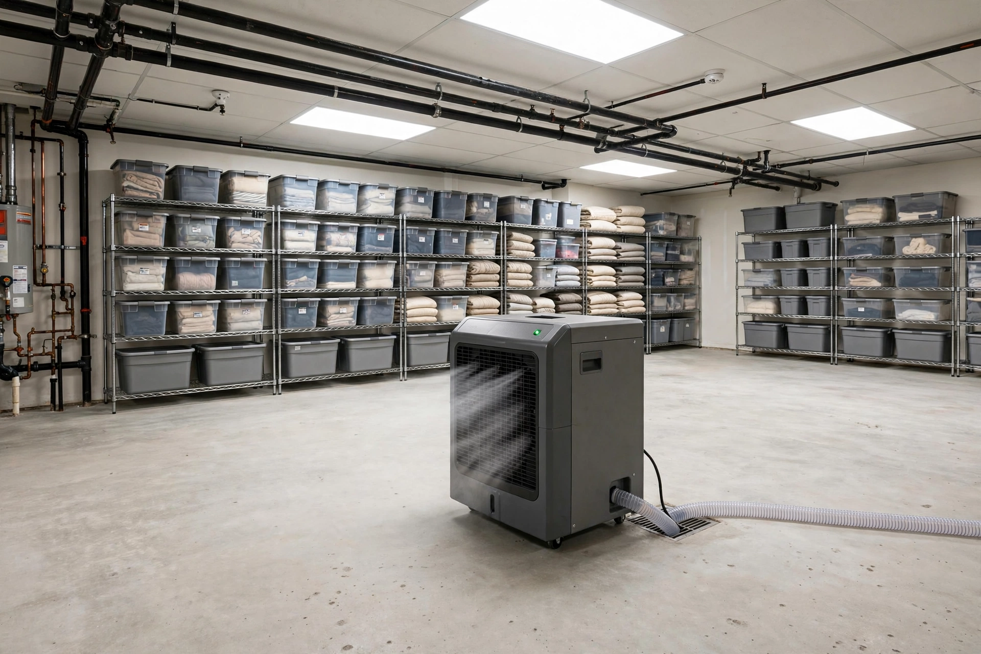 Dehumidifier running in a damp basement with concrete walls to remove the musty smell.