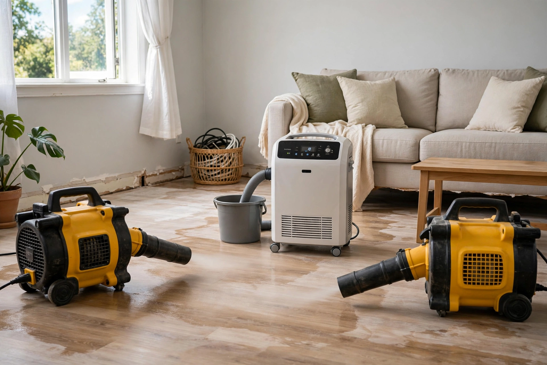 Homeowner drying a water damaged room with fans and a dehumidifier to prevent mold growth.