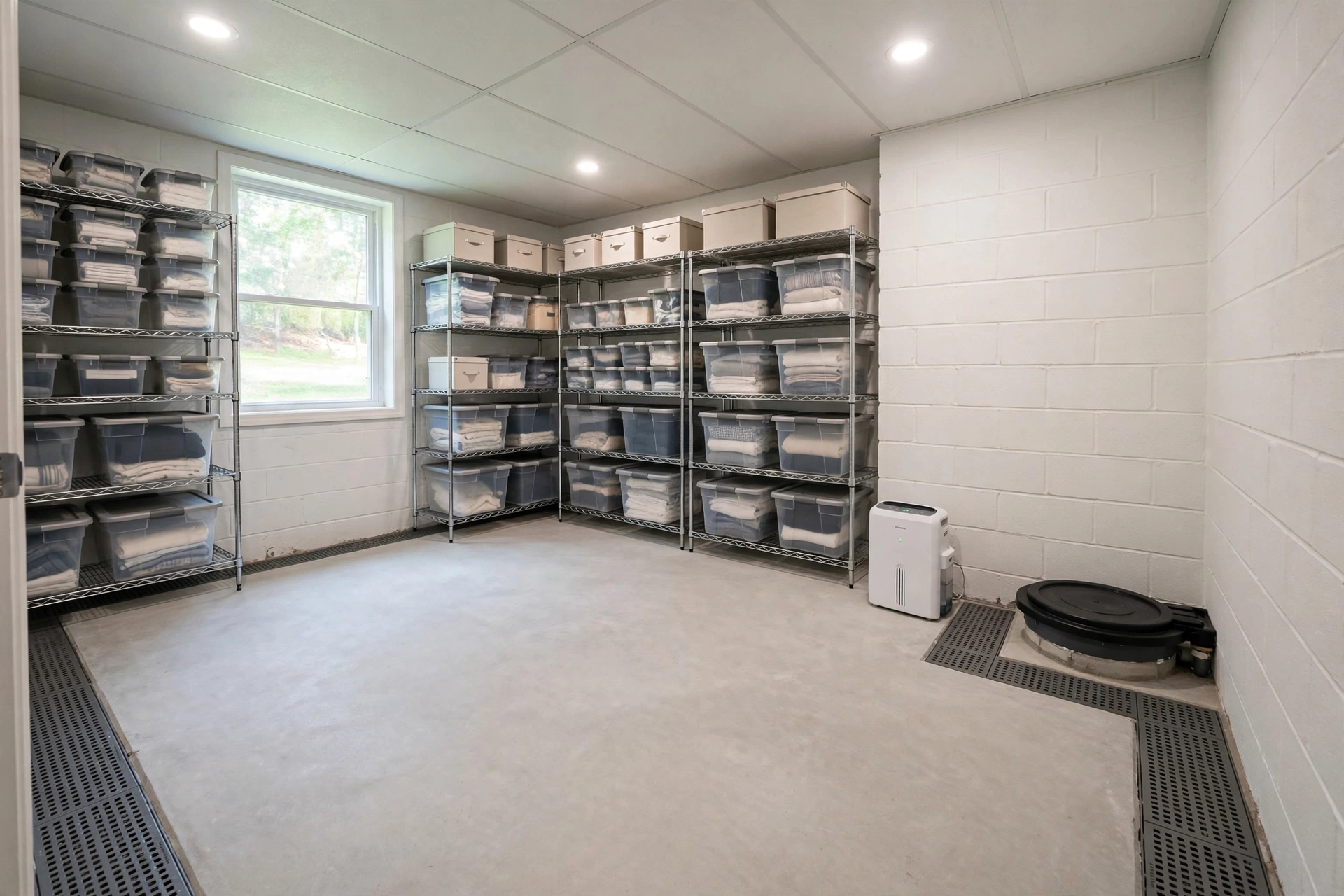Dry finished basement with a dehumidifier running to prevent mold growth on walls.