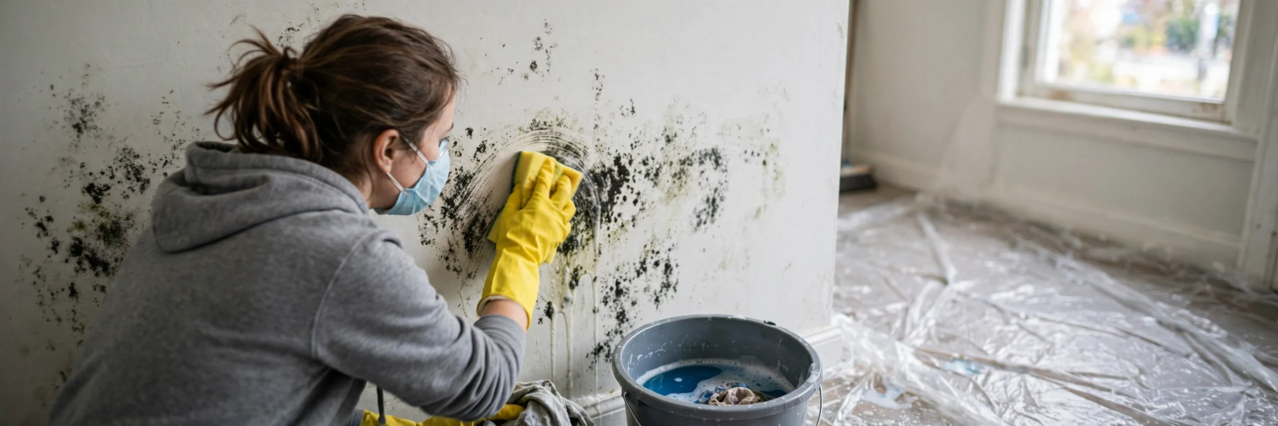 Homeowner wearing gloves, goggles and a respirator mask scrubbing black mold from a bathroom wall.