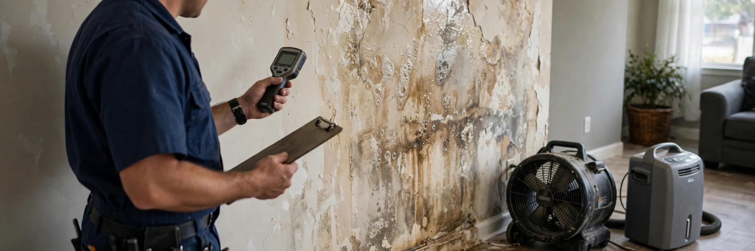 Certified restoration technician in protective gear inspecting water damage with a moisture meter