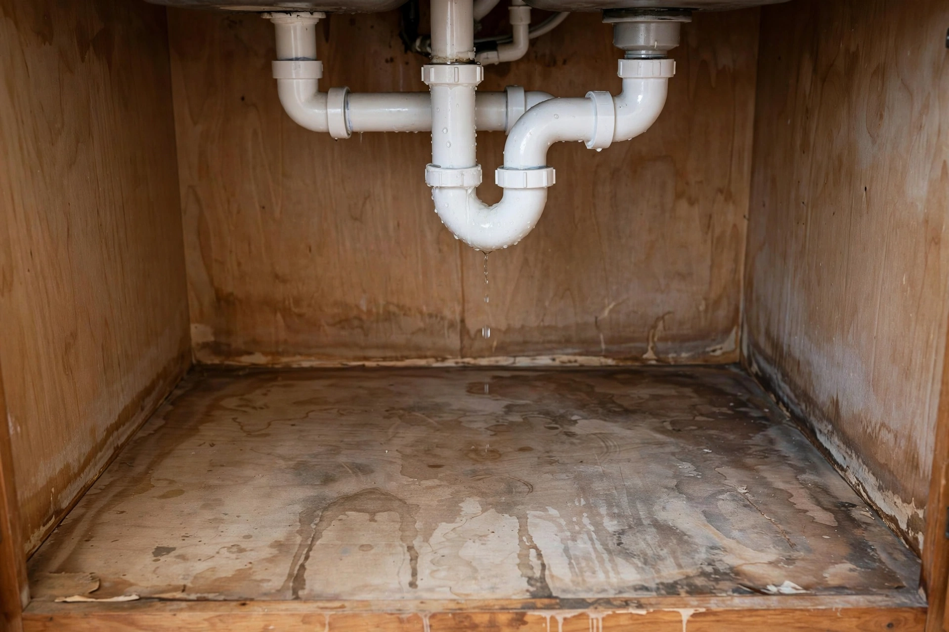 Water damage and staining under a kitchen sink from a slow plumbing leak that homeowners insurance may not cover.