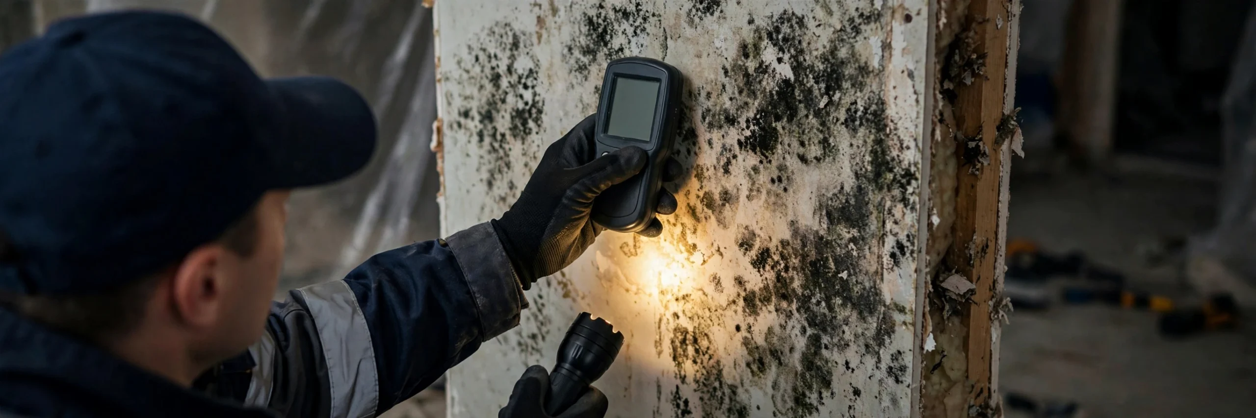 Close-up of dark black mold growth spreading across a damp basement wall