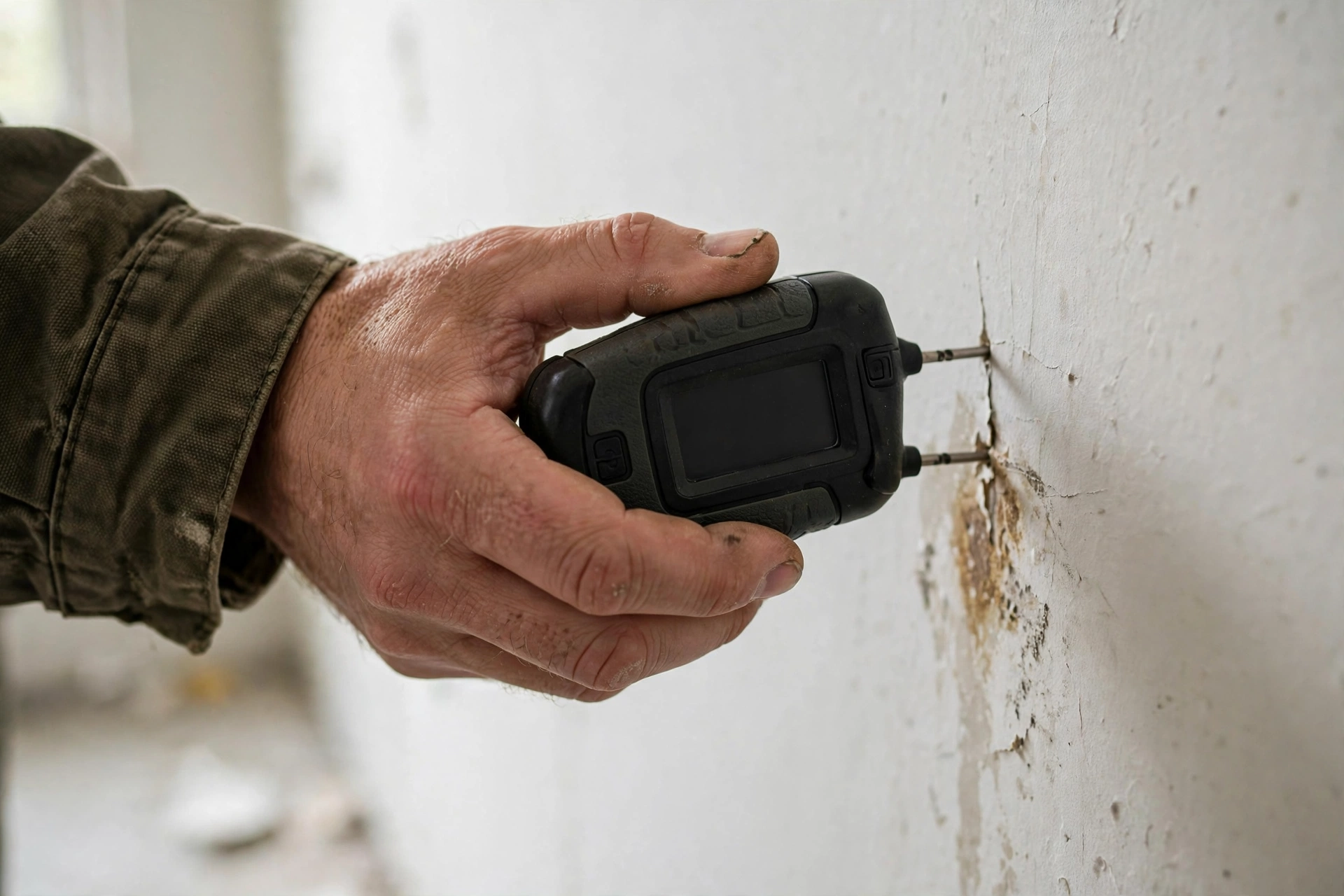 A technician holding a pin-type moisture meter against a wall to check moisture levels after a water leak.