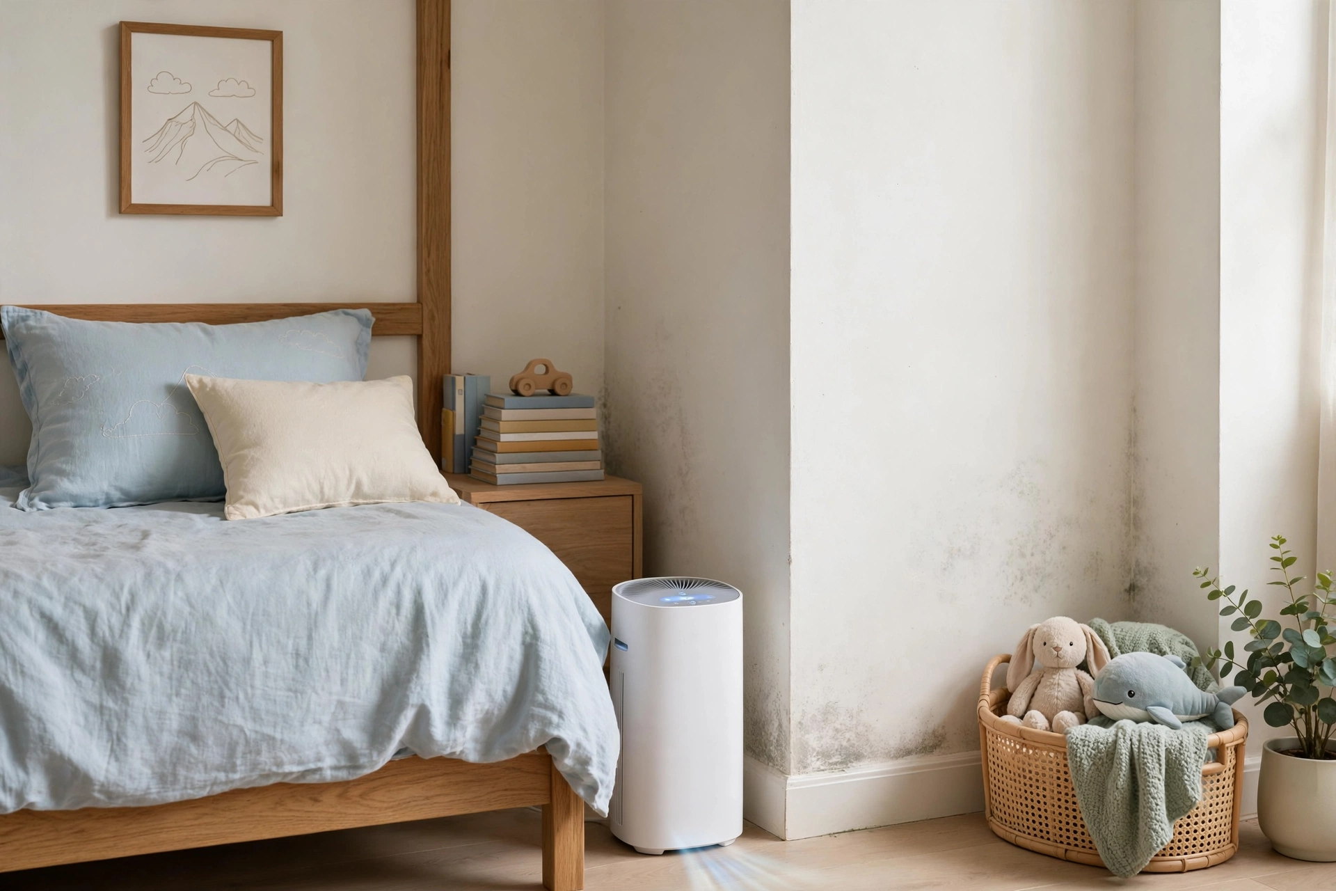 Child using an asthma inhaler in a living room while a parent checks a dehumidifier controlling indoor moisture.