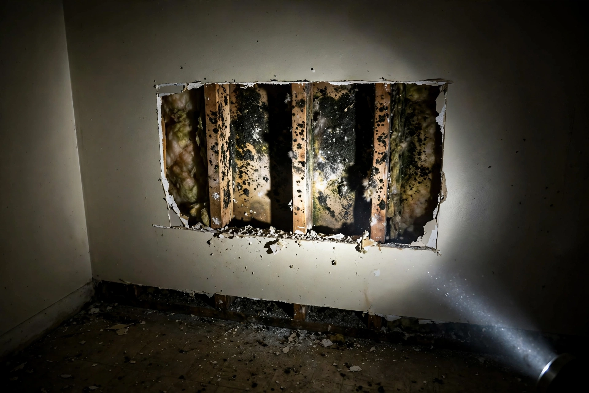 Close-up of a water-stained drywall section being cut open to reveal hidden mold growth behind it.