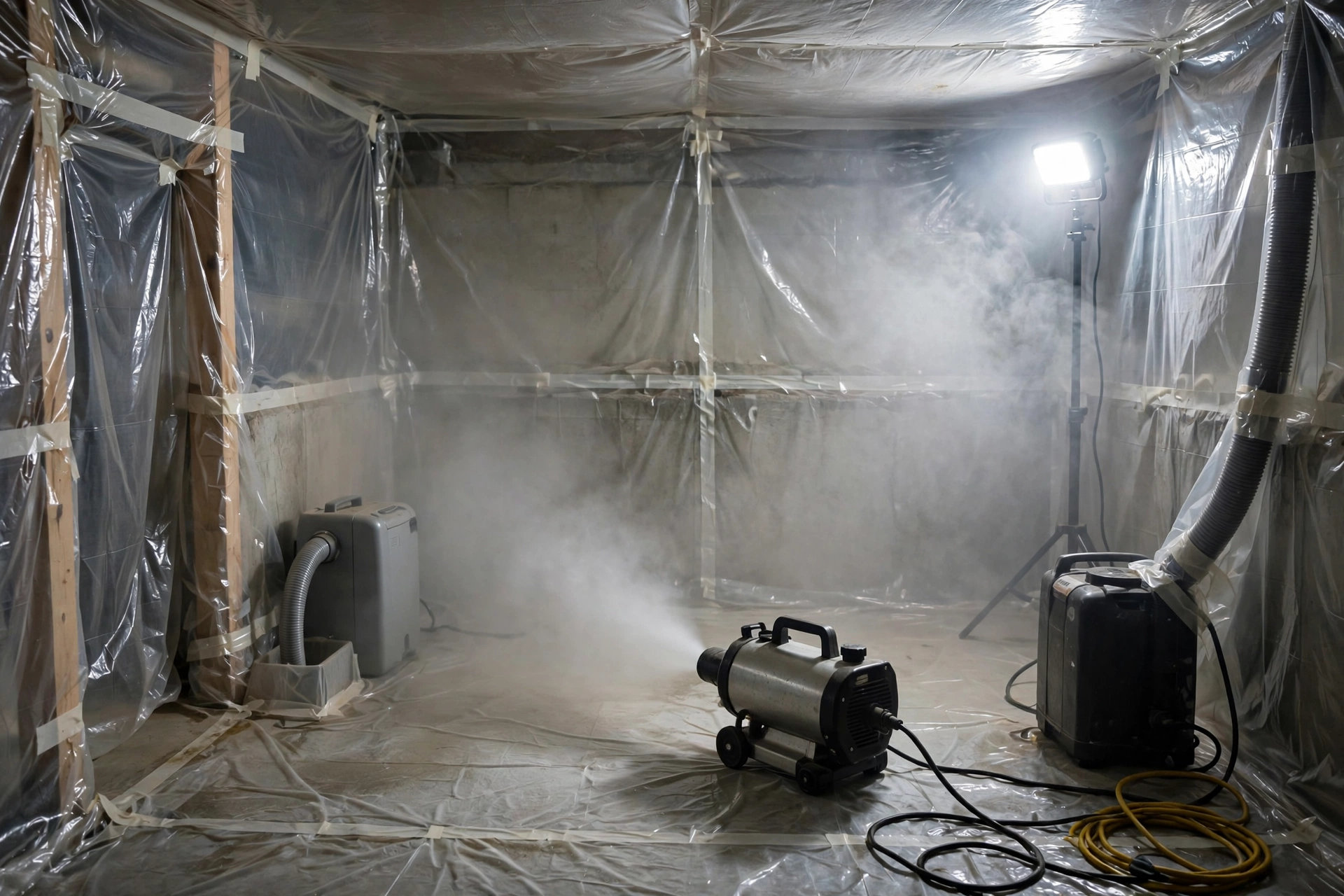A restoration technician using a ULV fogger to apply antimicrobial mist in a basement during a mold remediation job.