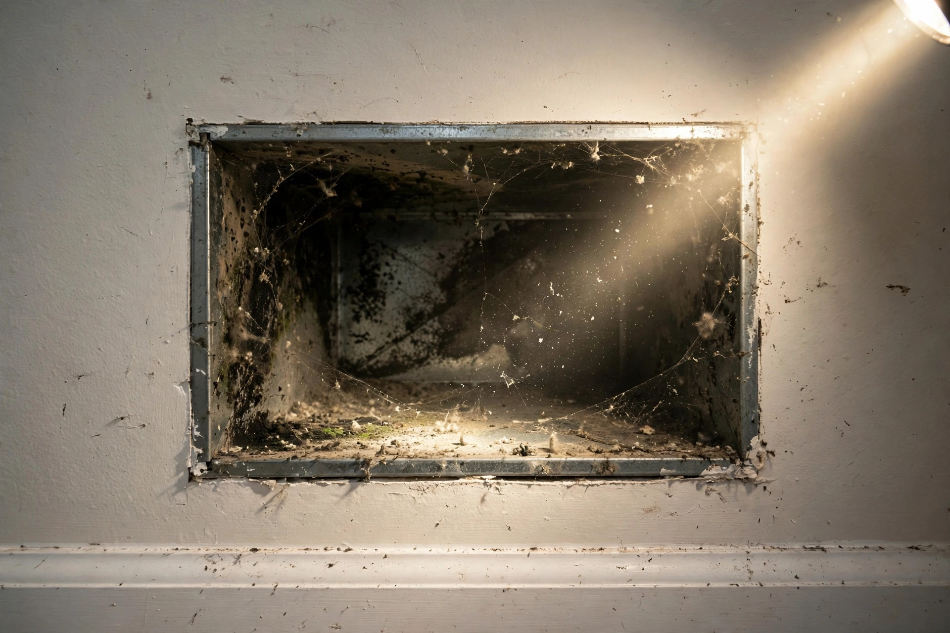 HVAC technician inspecting the inside of residential air ducts with a flashlight, checking for mold growth.