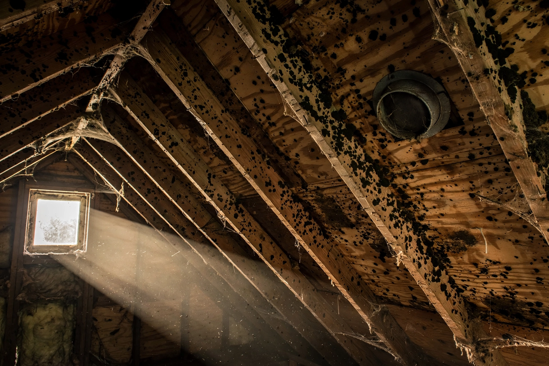 Mold staining on attic roof sheathing plywood around a roof vent.