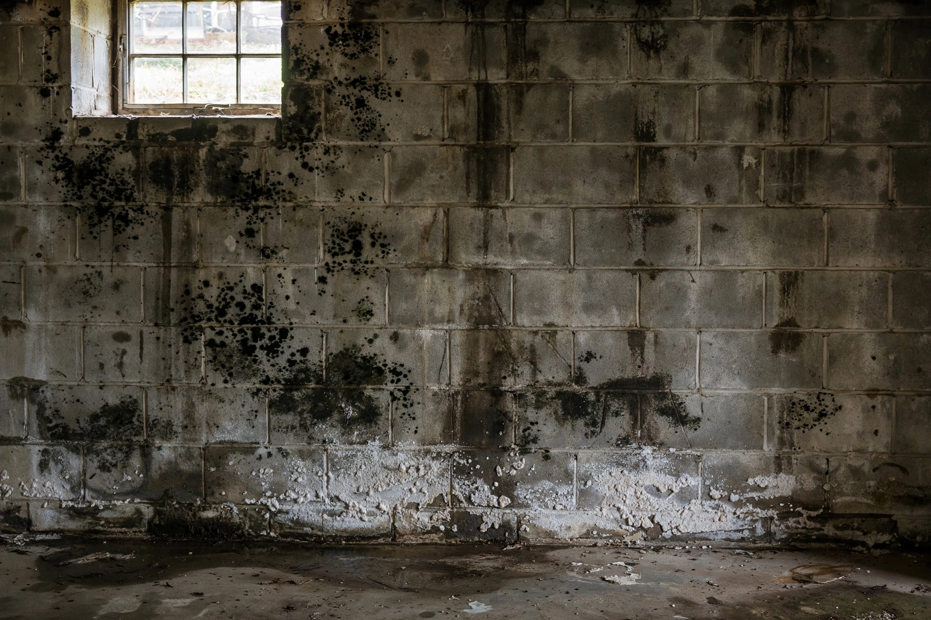 Black mold spots growing on a concrete basement wall near the floor.