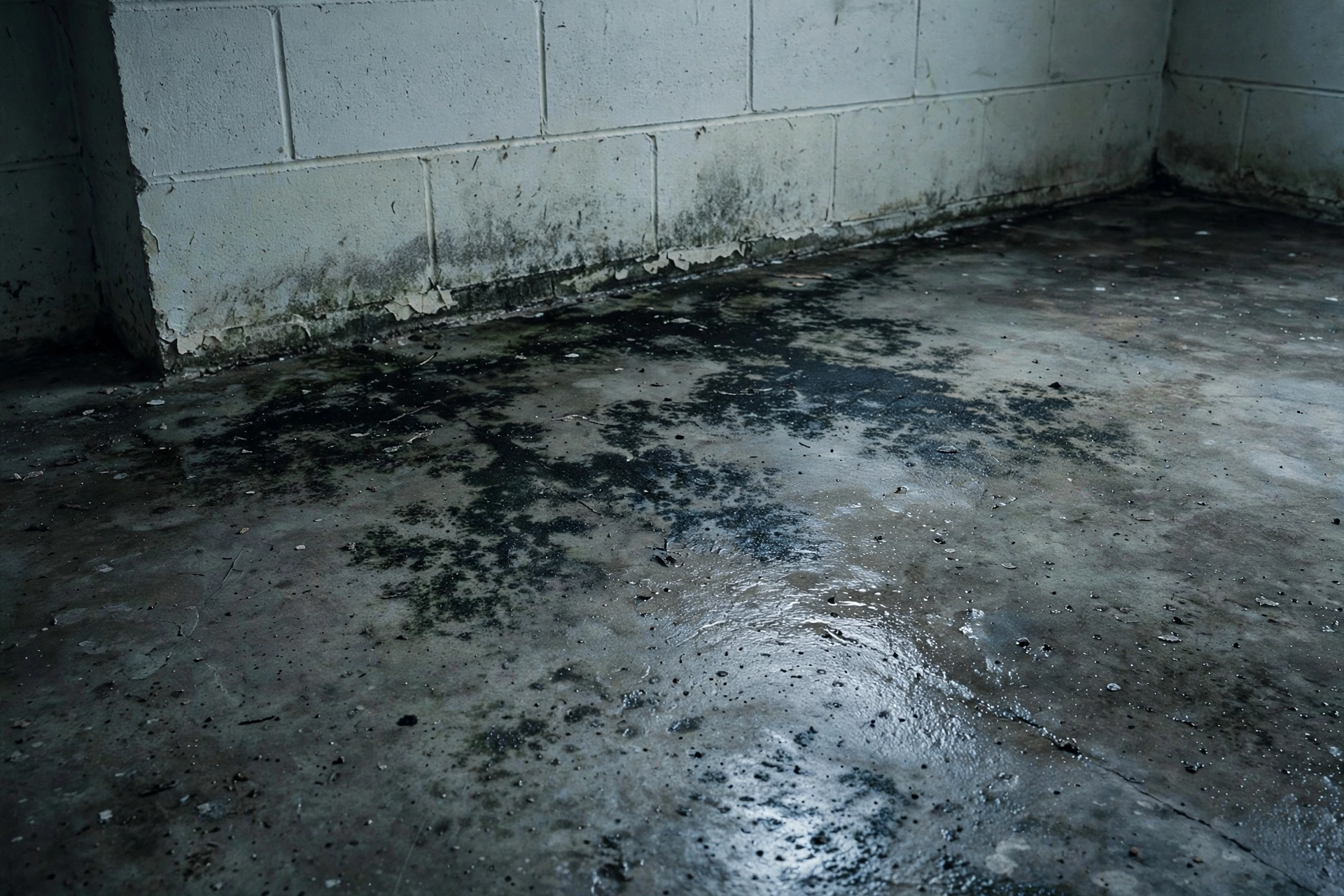 A homeowner scrubbing mold from a concrete basement floor before applying a waterproof sealer coating.