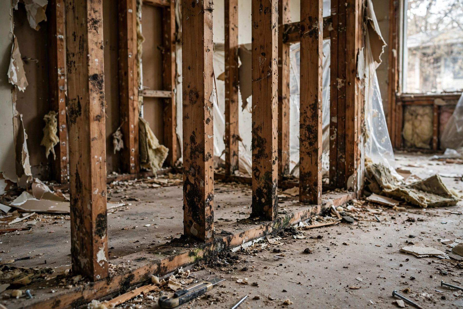 Mold growth visible on wooden wall studs inside an opened wall during a home remediation project.