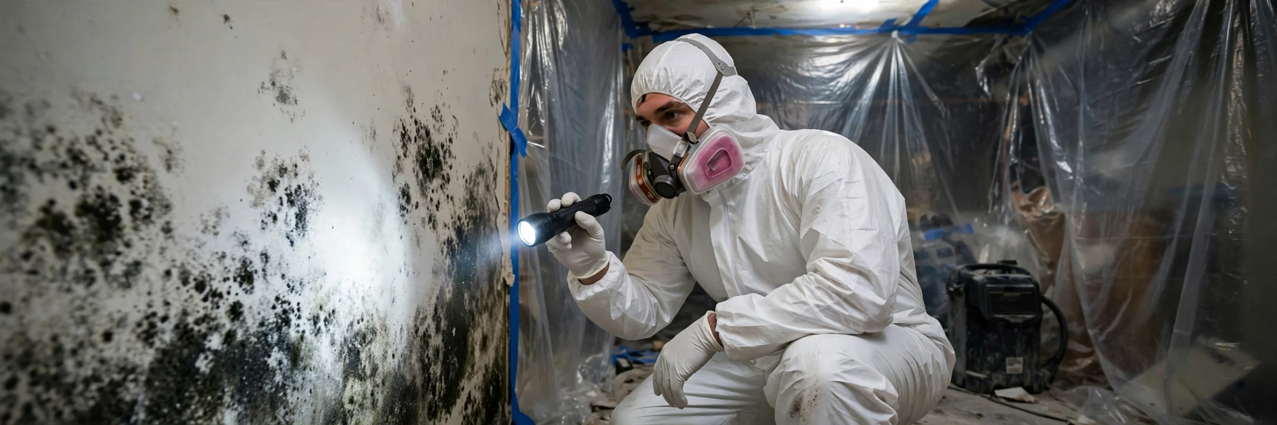 Professional mold remediation worker in protective gear treating a moldy wall, showing mold remediation cost factors.