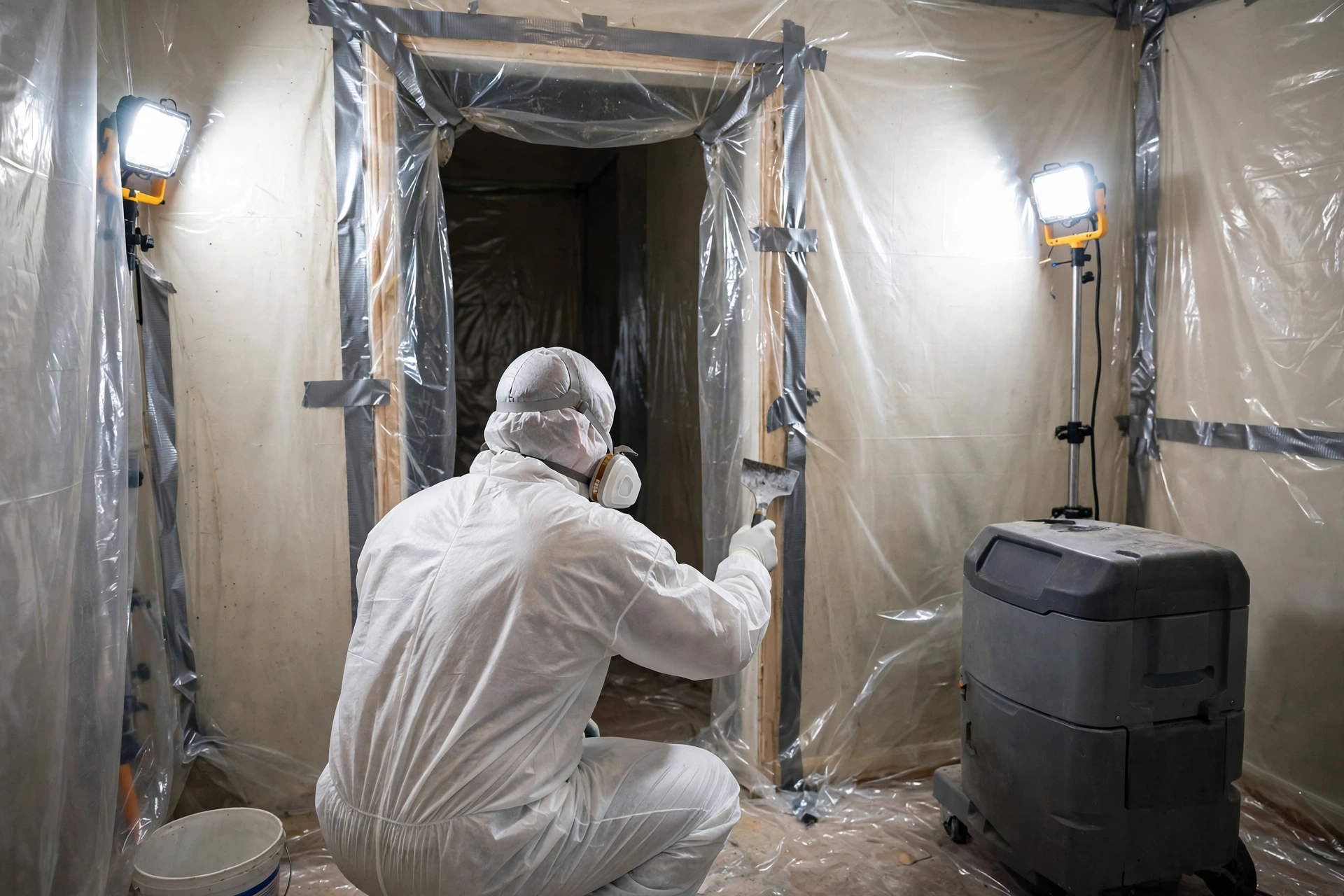 Remediation worker in a protective suit installing plastic containment sheeting during mold removal